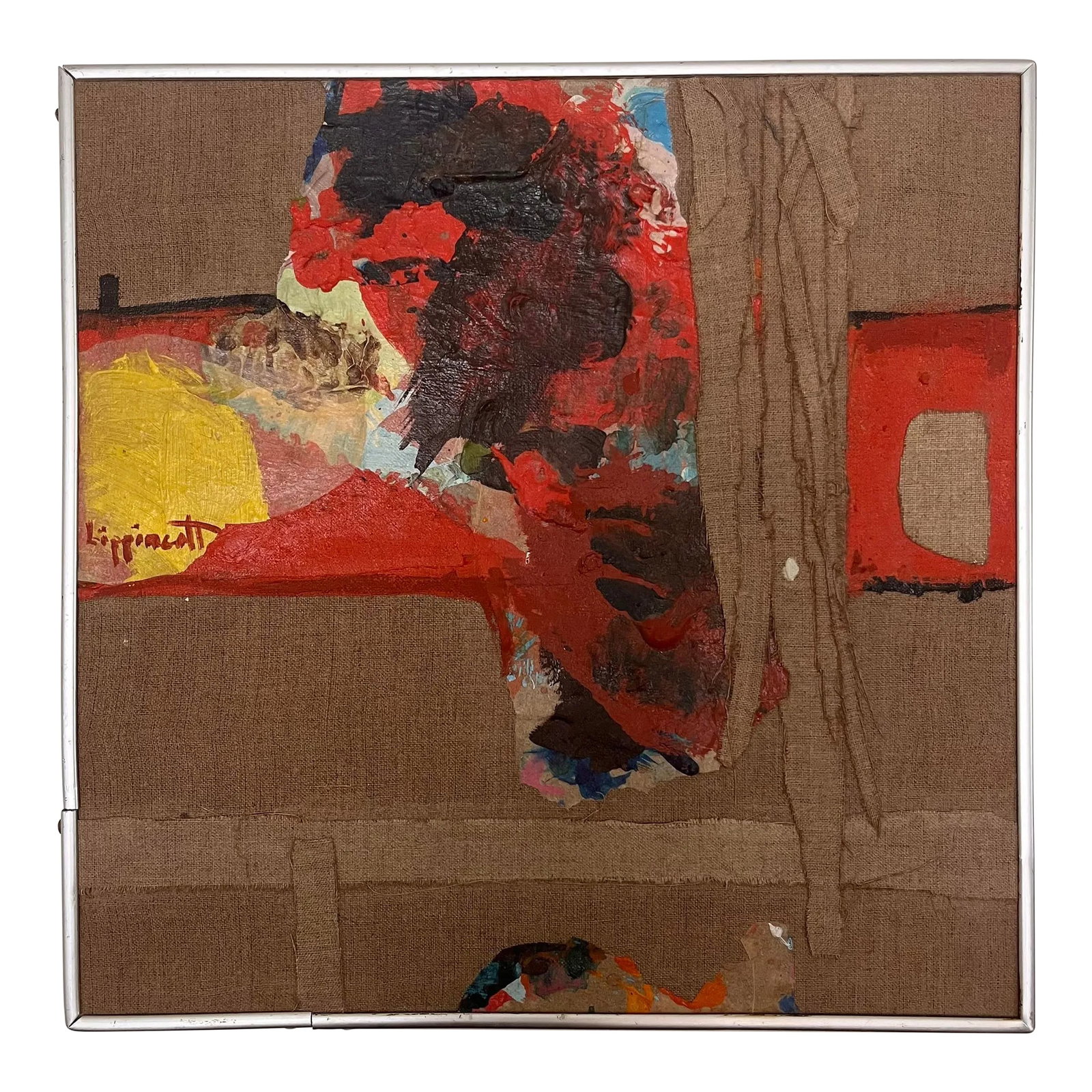 Vintage Janet Lippincott Mixed-Media Abstract Landscape Oil Painting and Fabric Collage: New Mexico Modernist oil and fabric collage painting by Janet Lippincott (American, 1918-2007). This piece is marked "UNTITLED" on the verso and signed on the front. Metal frame. Sight dimensions are 