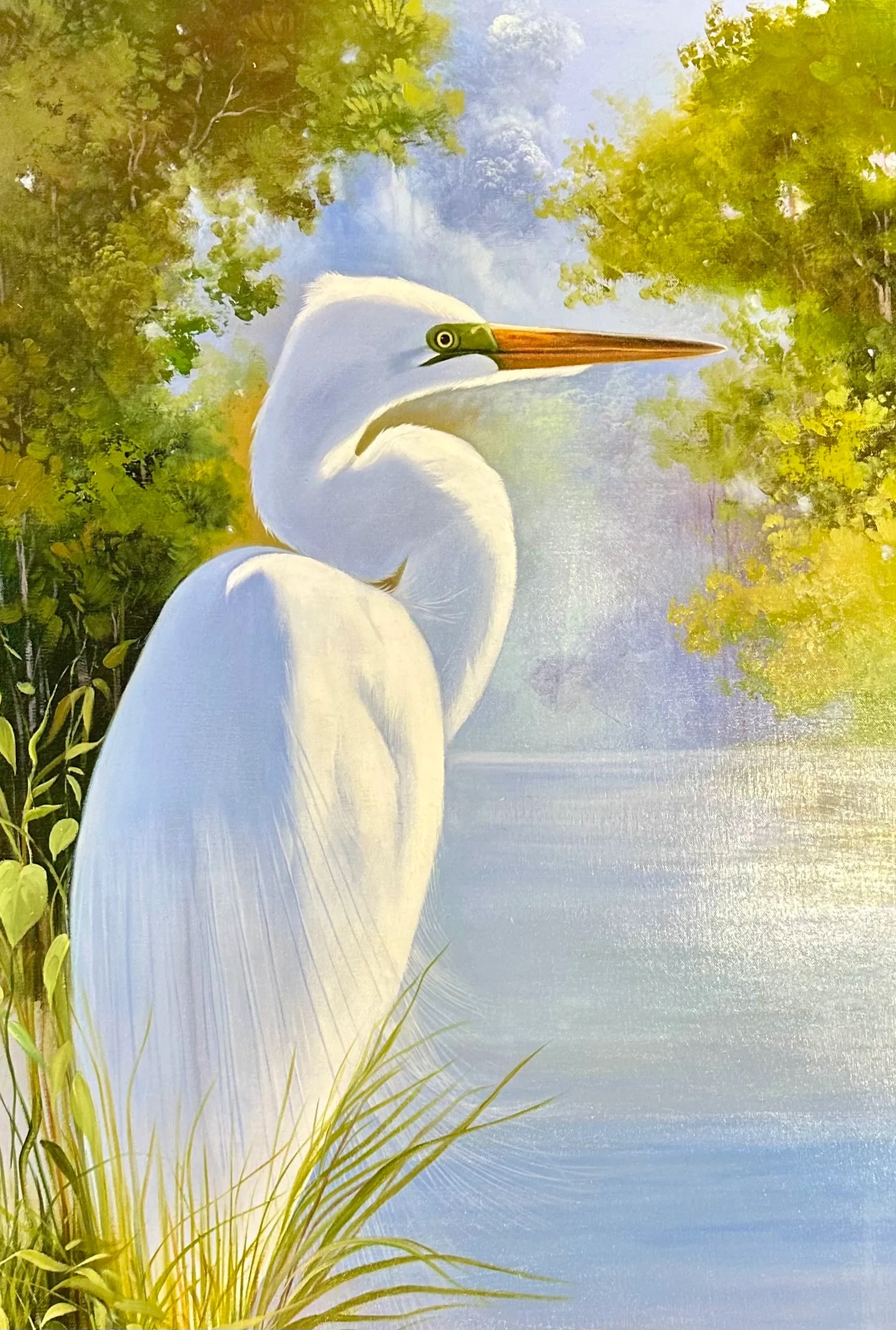White Egret in Marsh Landscape - Serene Original Oil Painting by P. Charles - 2