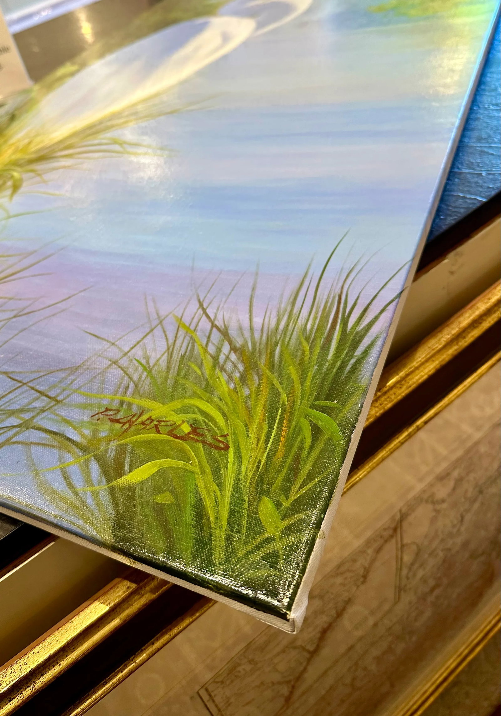 White Egret in Marsh Landscape - Serene Original Oil Painting by P. Charles - 4