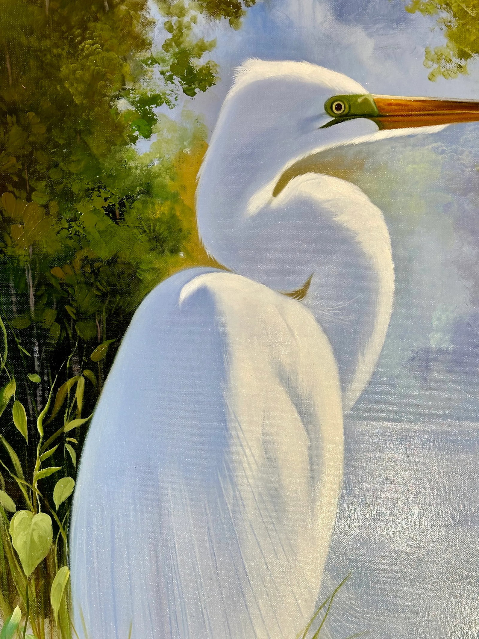 White Egret in Marsh Landscape - Serene Original Oil Painting by P. Charles - 5