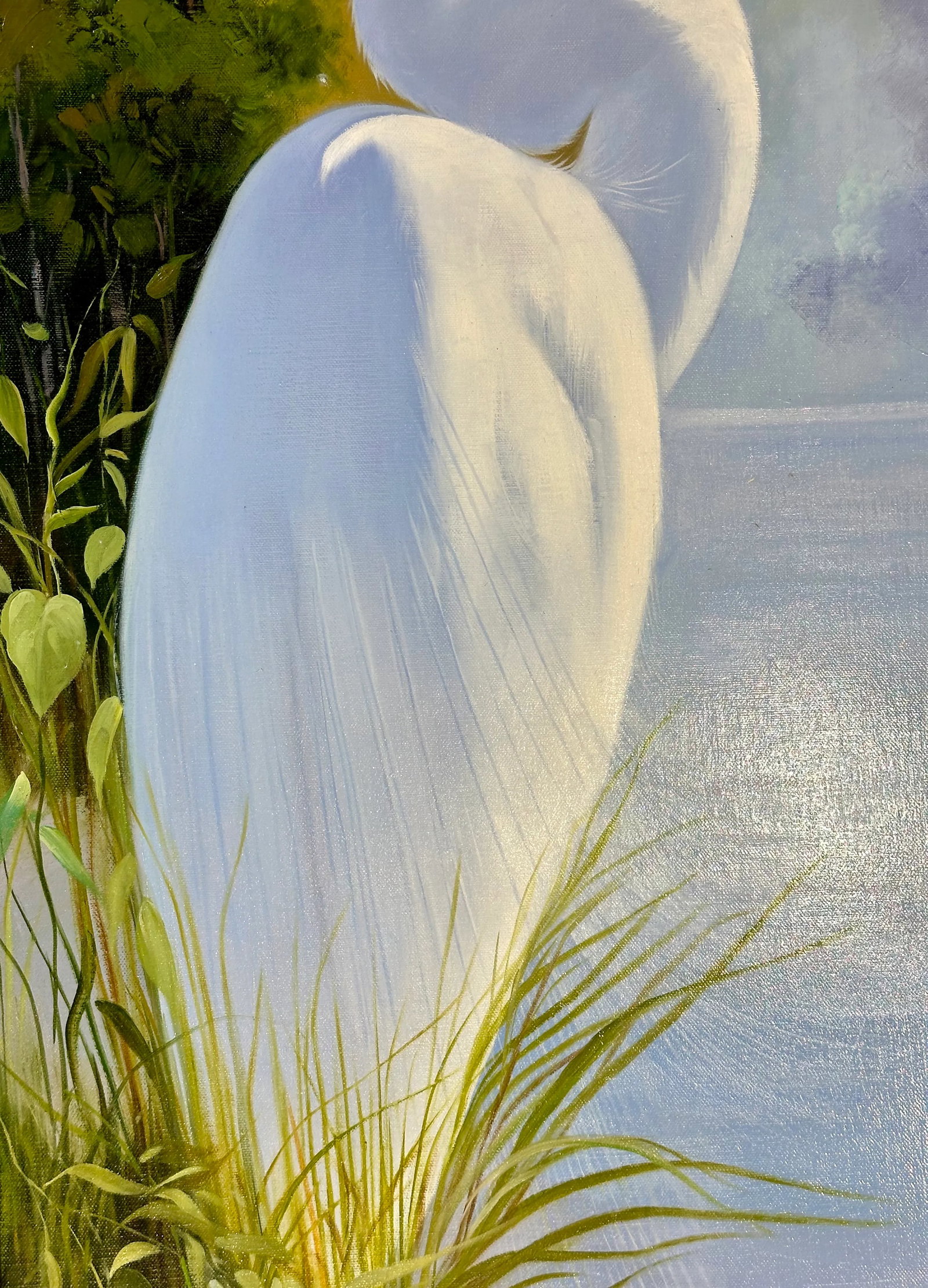 White Egret in Marsh Landscape - Serene Original Oil Painting by P. Charles - 6