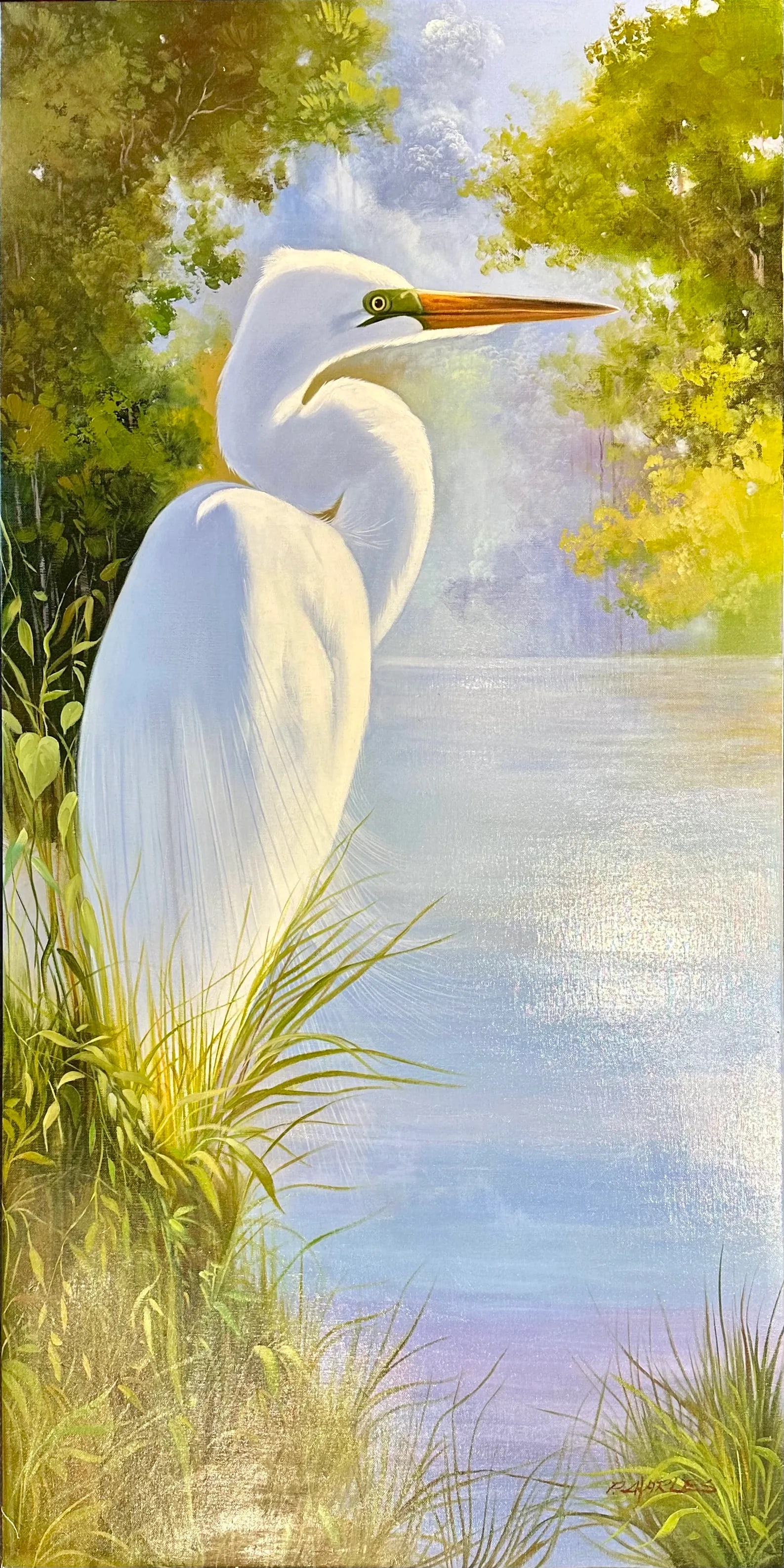 White Egret in Marsh Landscape - Serene Original Oil Painting by P. Charles - 7