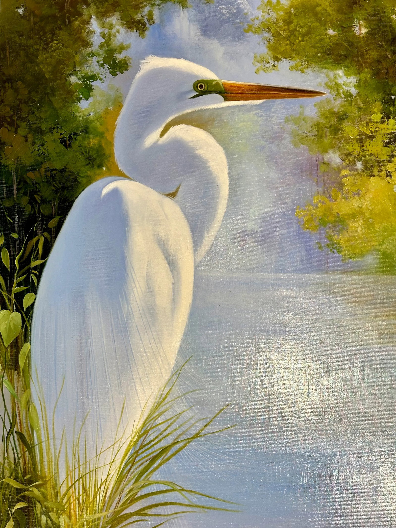 White Egret in Marsh Landscape - Serene Original Oil Painting by P. Charles - 8