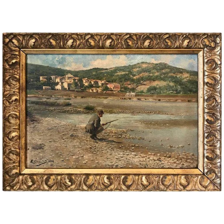 19th Century Spanish Sporting Painting by E.Gioquinto, 1892: 19th century Spanish sporting painting by E.Gioquinto, 1892, a finely painted gem of a hunter on a lake Measures: Oil on board 11.5" x 8.5" Giltwood frame 14" x 10". Condition: Alterations: Unknown