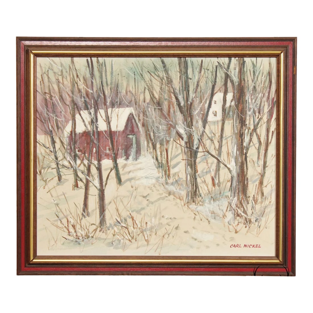 Carl Nickel Red Barn in Winter Landscape Oil Painting, Custom Framed: Vintage Original Artwork by Carl Nickel (American, New York, 20th C.), Red Barn in Snowy Winter Forest Landscape, Oil on Canvas, Signed on the Lower Right, Custom Wood Frame Condition: Alterations: