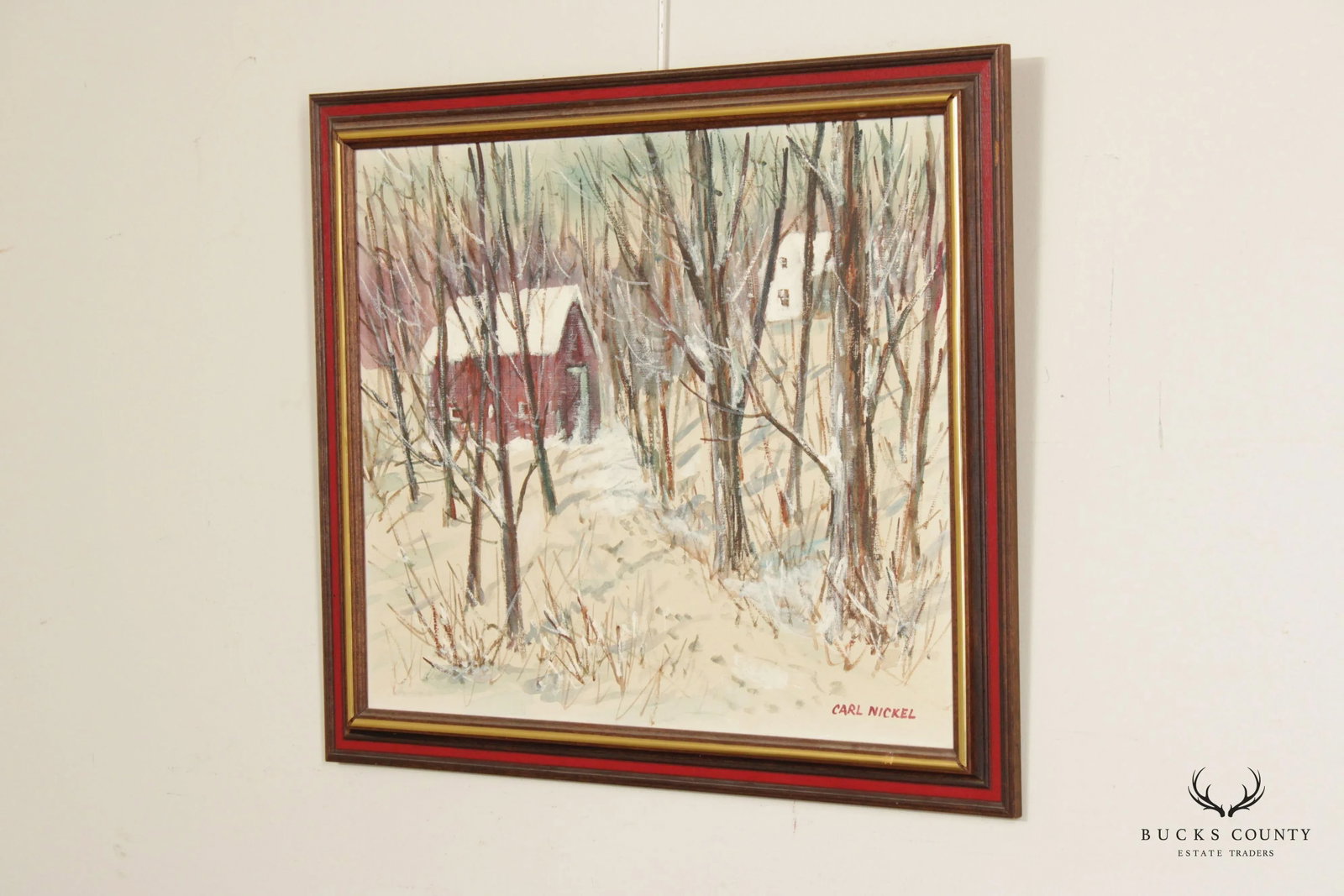 Carl Nickel Red Barn in Winter Landscape Oil Painting, Custom Framed - 2