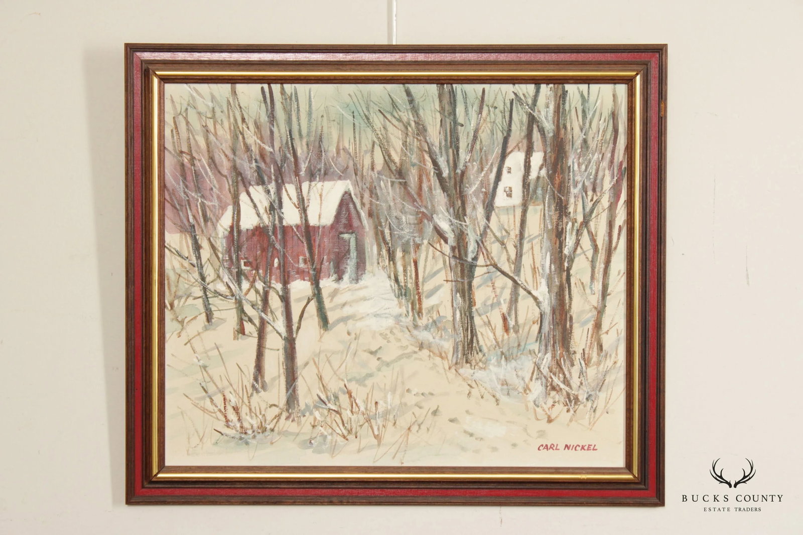 Carl Nickel Red Barn in Winter Landscape Oil Painting, Custom Framed - 3