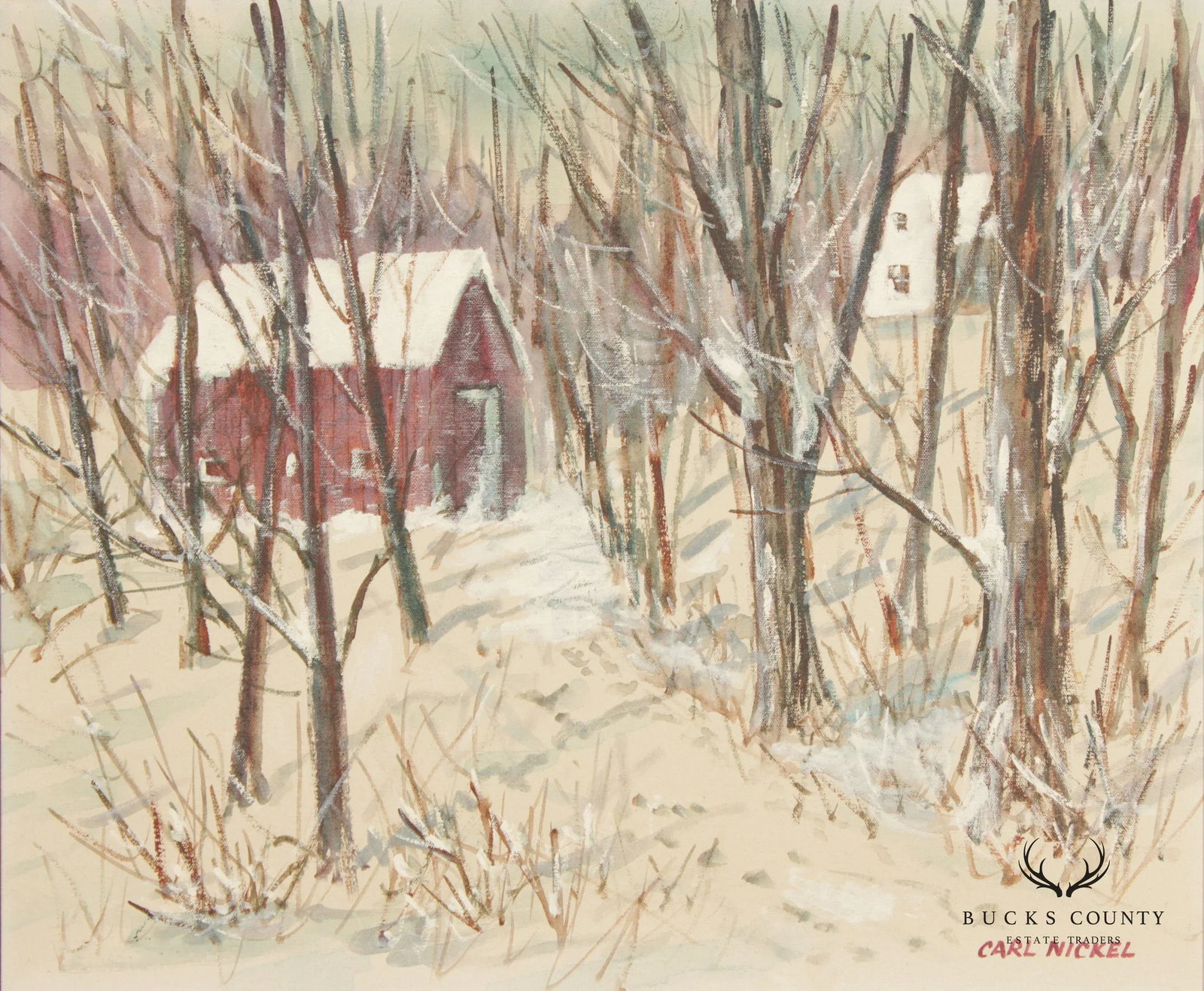 Carl Nickel Red Barn in Winter Landscape Oil Painting, Custom Framed - 6