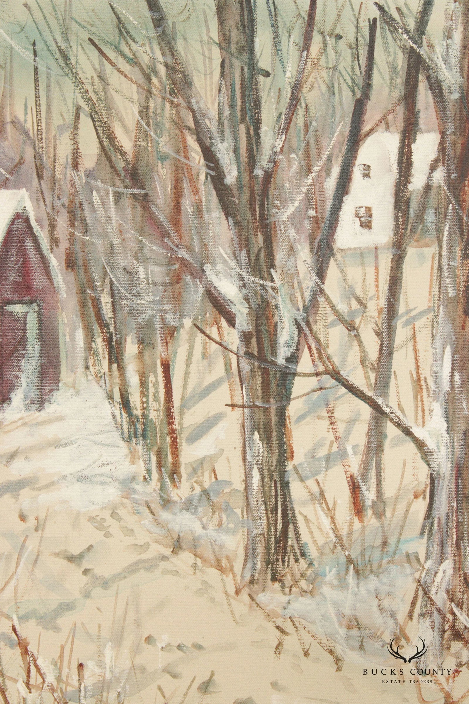 Carl Nickel Red Barn in Winter Landscape Oil Painting, Custom Framed - 7