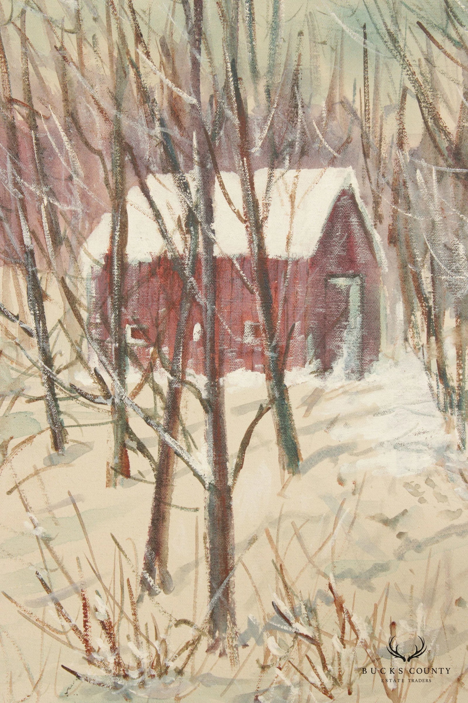 Carl Nickel Red Barn in Winter Landscape Oil Painting, Custom Framed - 8