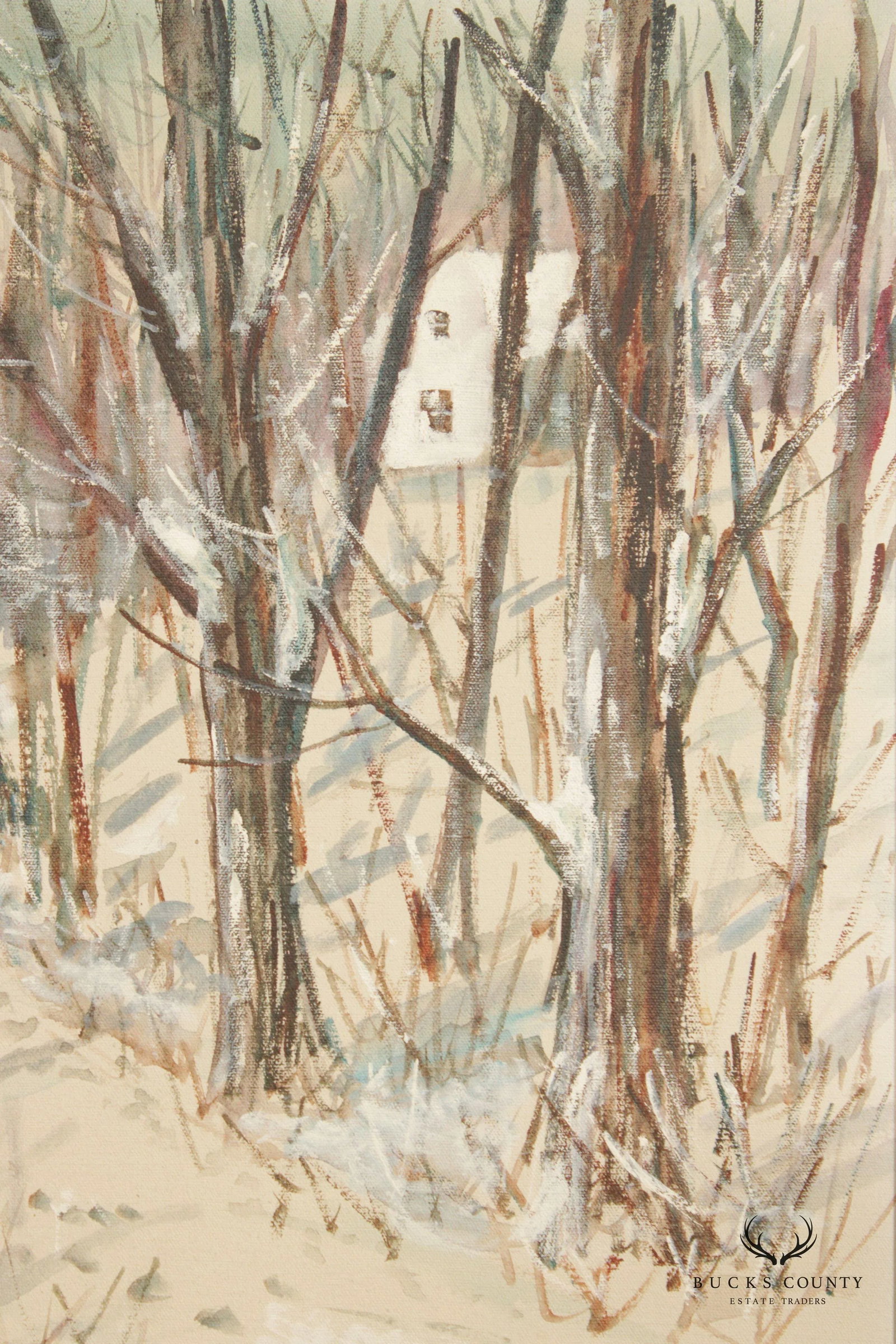 Carl Nickel Red Barn in Winter Landscape Oil Painting, Custom Framed - 9