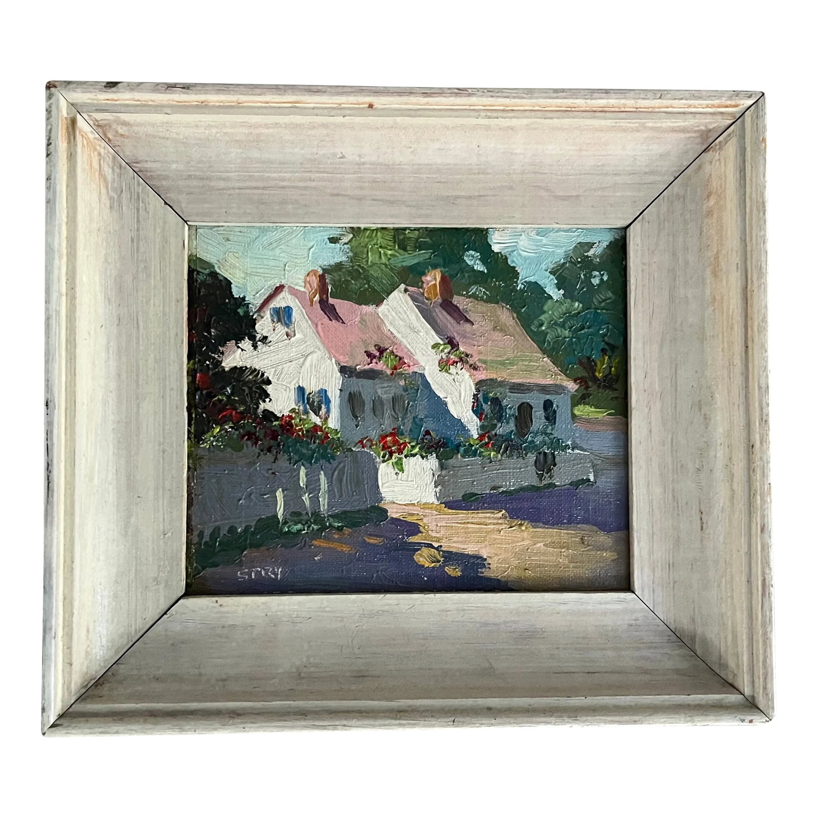 Irene Stry (American 1899 - 1963) Small Scale Oil Painting on Board Provincetown School Cottage Stre: Irene Stry (American 1899 - 1963) oil painting on board Provincetown School cottage street scene. Wonderful colors with impasto technique. Original cream painted pine frame. Nice small size -