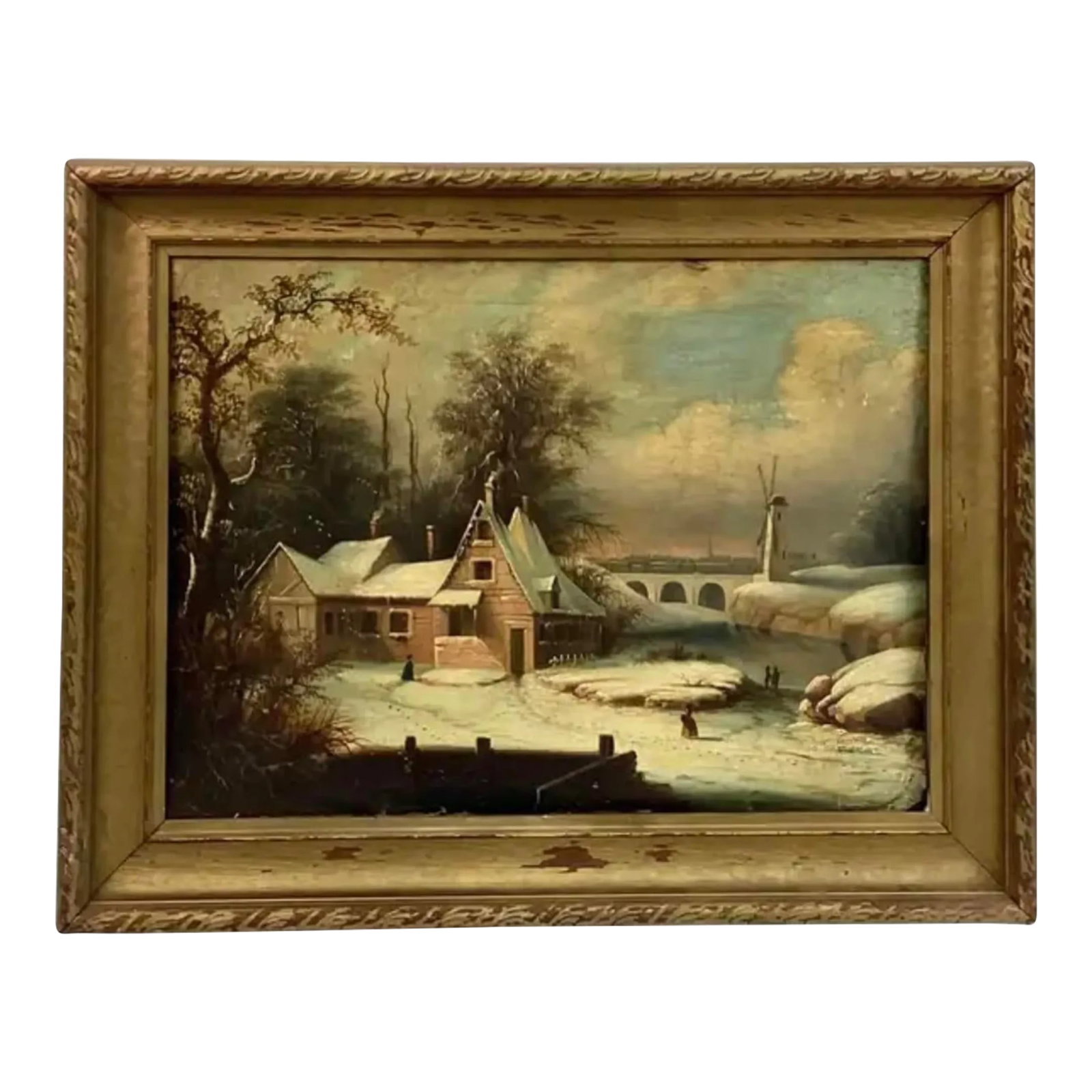 19th Century Dutch Oil on Artist Board Painting, Framed: 19th century Dutch winter landscape oil on artist's board painting, framed. Painting depicts an outdoor scene of figures walking near a home on a snowy day with a bridge and windmill in the background