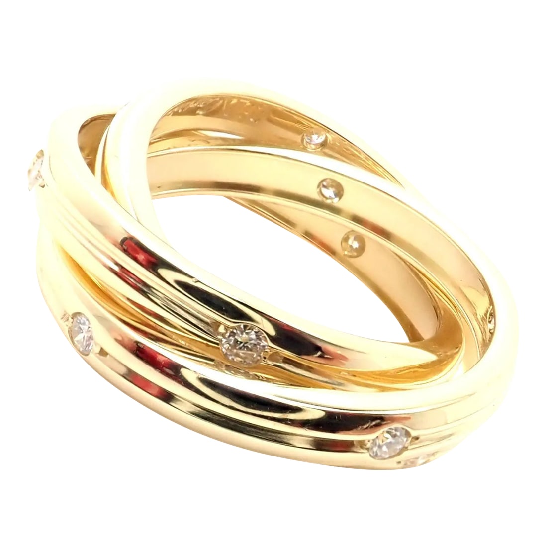 Cartier 18k Yellow Gold Diamond Constellation Trinity Ring Size 51: About This Piece: Metal: 18k Yellow Gold Single Band Width: 3mm Total Ring Width: 8mm Weight: 9.5 grams Ring Size: European 51 US 5 3/4 Stones: 15 Round brilliant cut diamonds VS1 clarity, G color