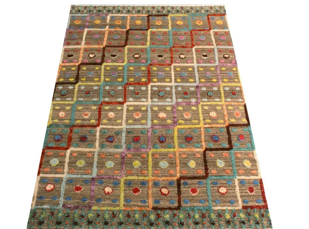 1990s Shabby Chic Moroccan High-Low Pile Arya Tan/Blue Wool Rug (8'2 X 10'3) - 4