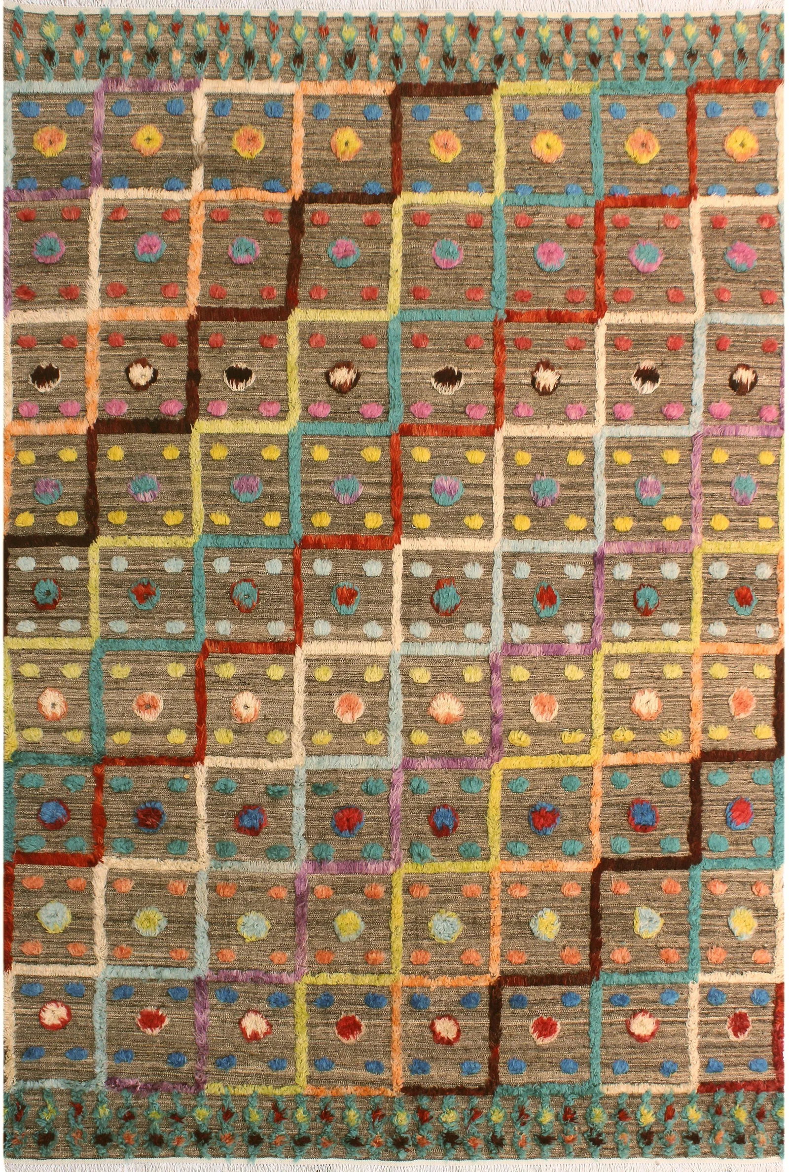 1990s Shabby Chic Moroccan High-Low Pile Arya Tan/Blue Wool Rug (8'2 X 10'3) - 8