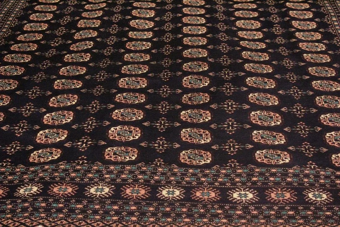 1990s Shabby Chic Bokara Blue/Ivory Wool Rug - 8'4" X 9'11" - 2