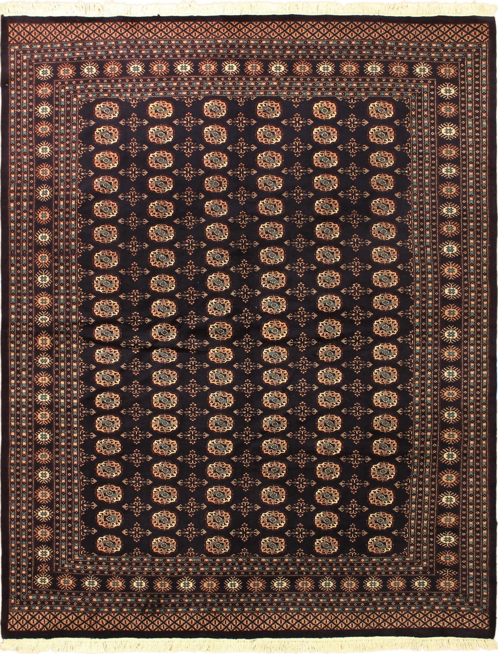 1990s Shabby Chic Bokara Blue/Ivory Wool Rug - 8'4" X 9'11" - 8