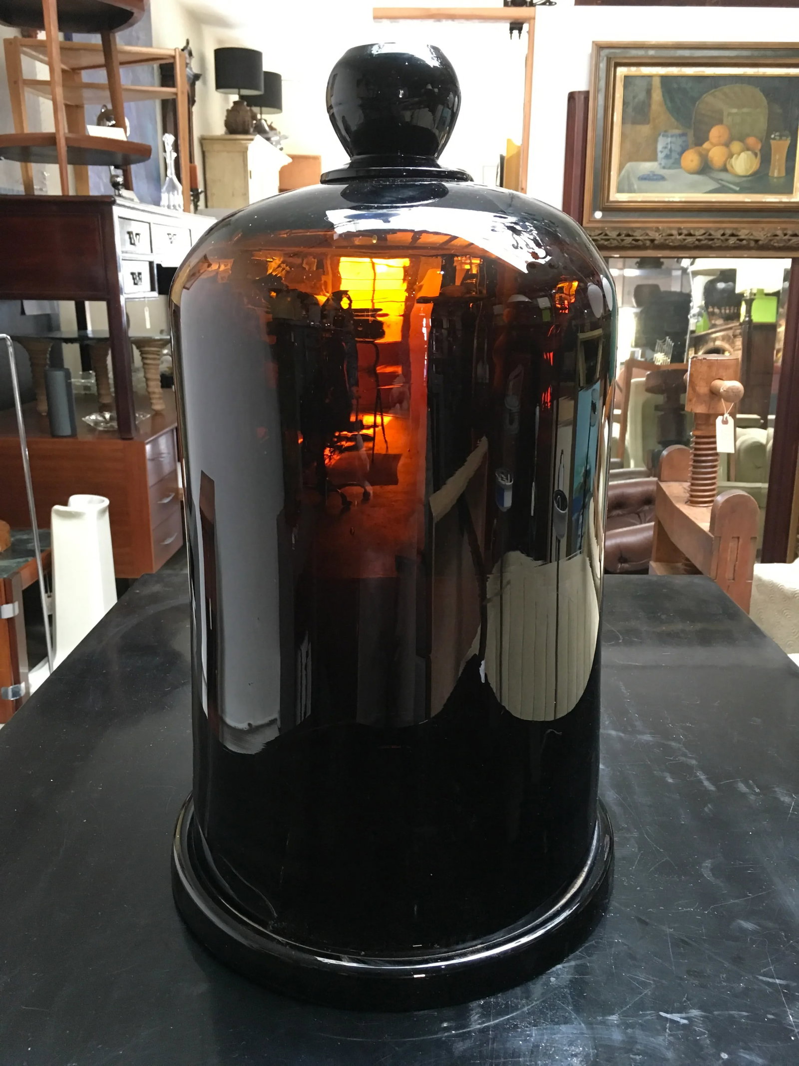 Antique Amber Glass Apothecary Dome Cloche With Ground Glass Finial - 7
