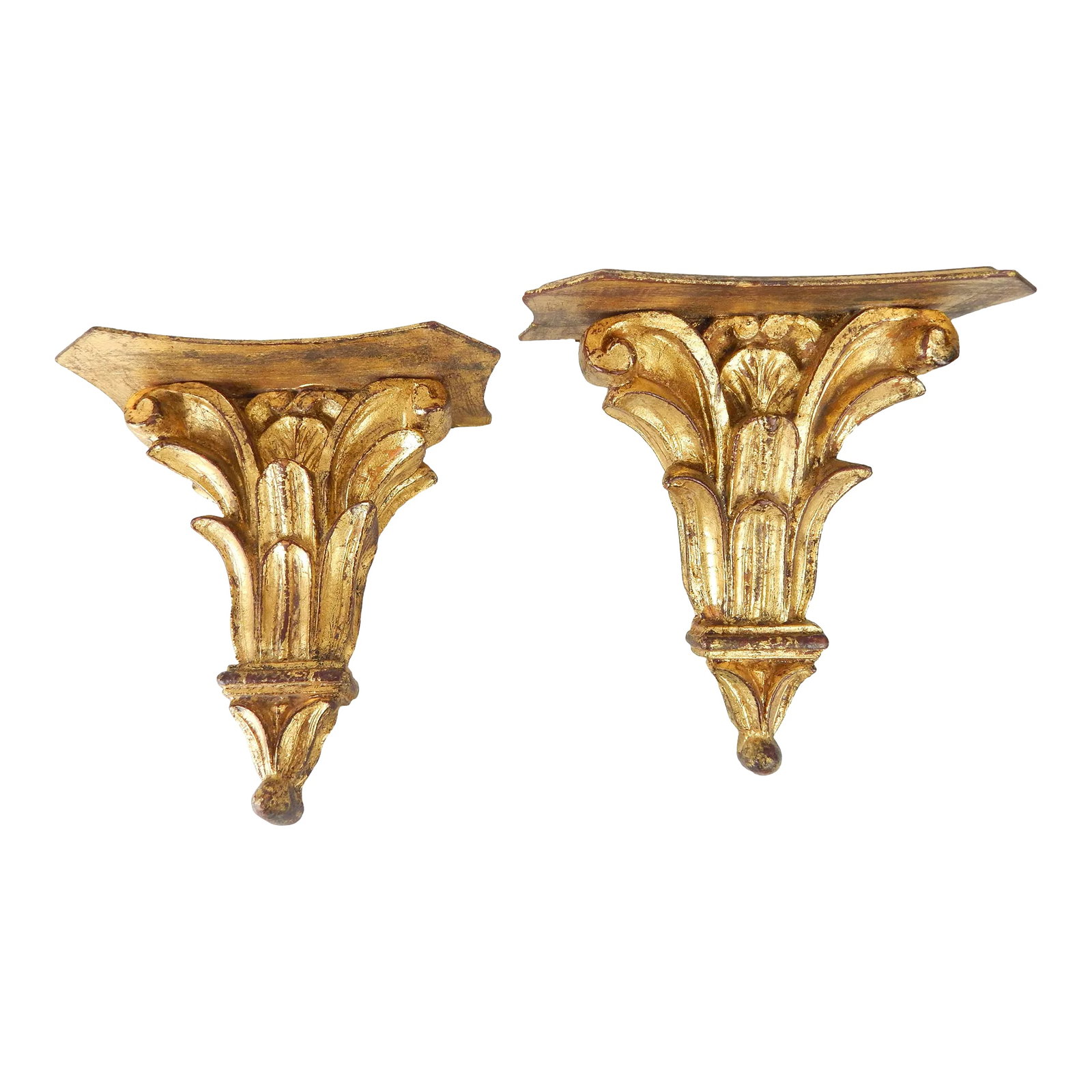 Large Giltwood Vintage Florentia Acanthus Leaf Brackets- Set of 2: Pair of exceptional large Florentia giltwood brackets. Beautiful, stylized acanthus leaf design, each bracket features original hanging hardware and retains the original paper label. Paper labels read