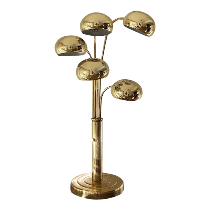 Mid Century Modern Brass Tiered Eyeball Lamp: This exquisite table lamp features a stunning gold orb design with tiers of brass eyeball accents, embodying the essence of modernist style. Comes with the displayed 5 light bulbs. USA wiring. I