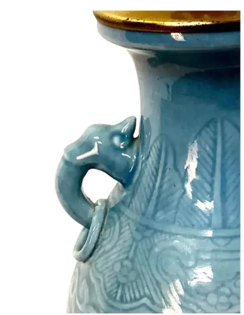Chinese Gilt Brass Mounted Celadon Porcelain Lamp - 5