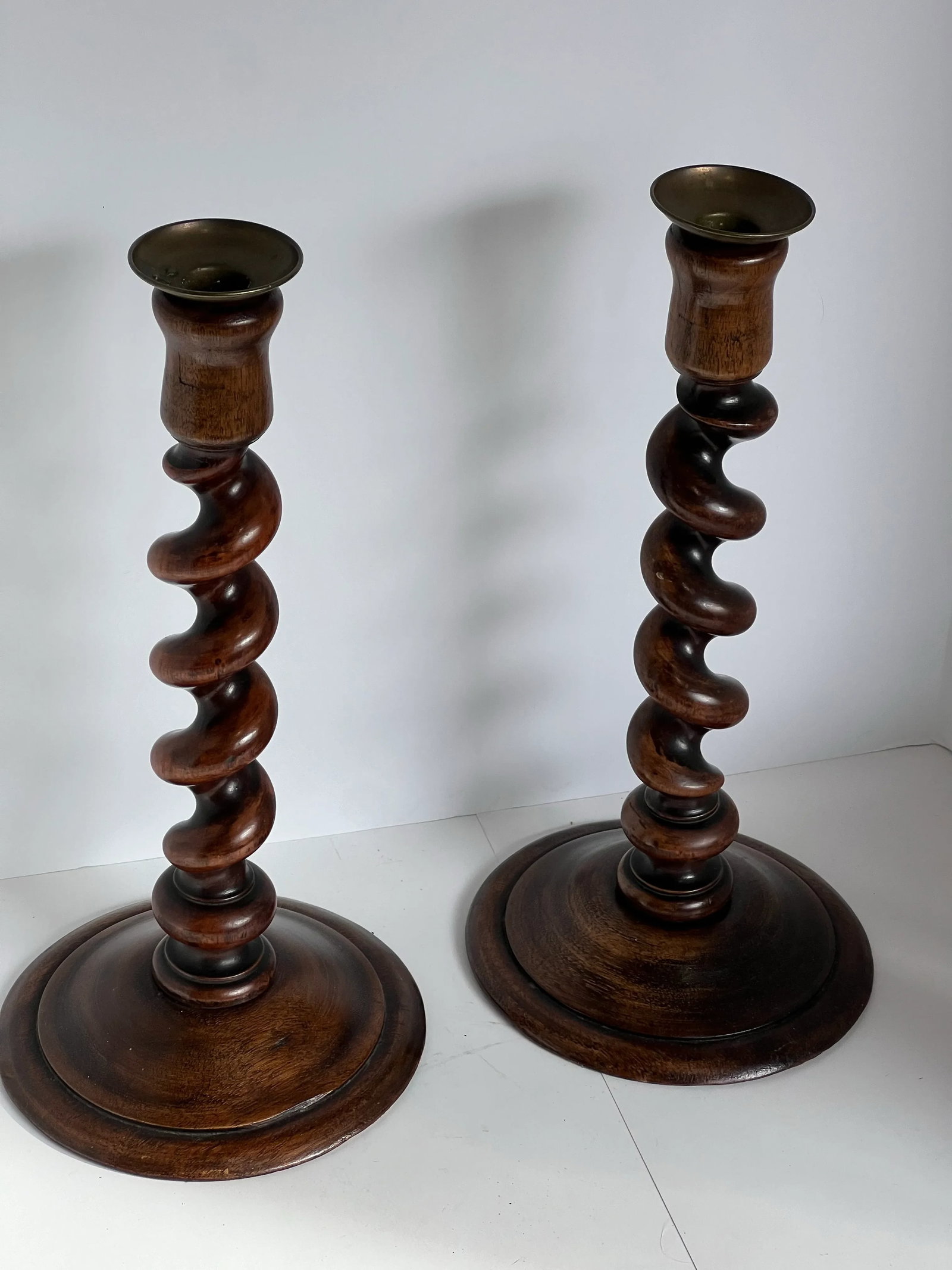 9th C. English Carved Oak Barley Twist Candlesticksw/ Brass Candle Cupsa Pair - 2