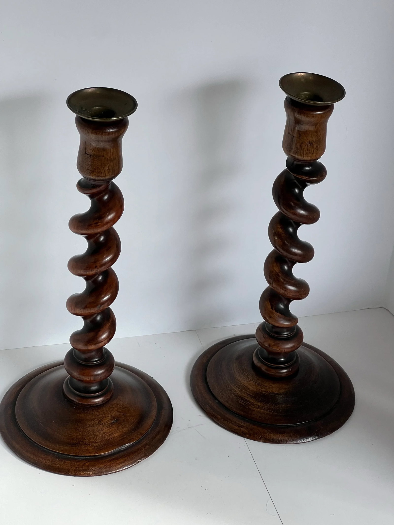 9th C. English Carved Oak Barley Twist Candlesticksw/ Brass Candle Cupsa Pair - 3