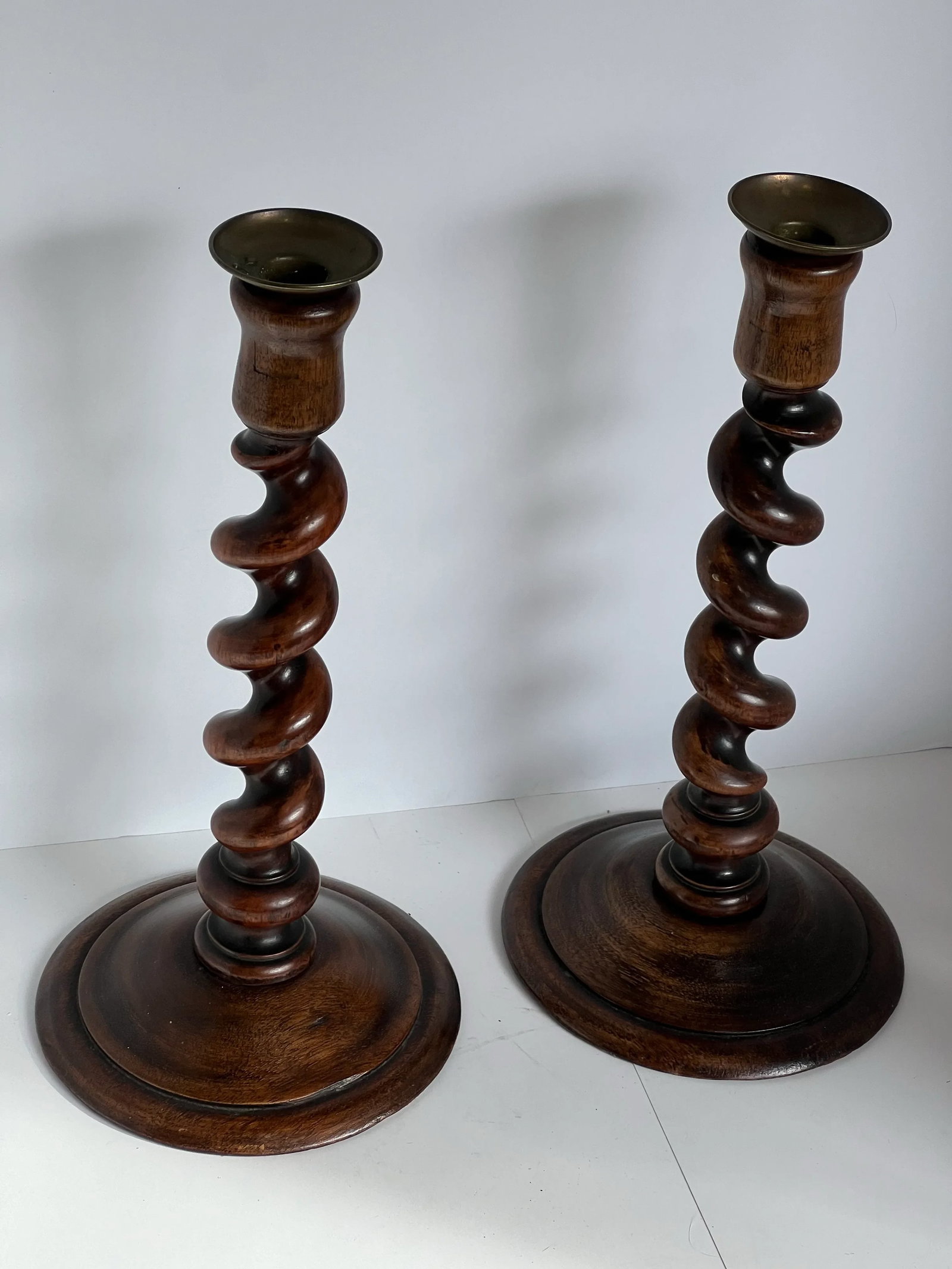 9th C. English Carved Oak Barley Twist Candlesticksw/ Brass Candle Cupsa Pair - 4