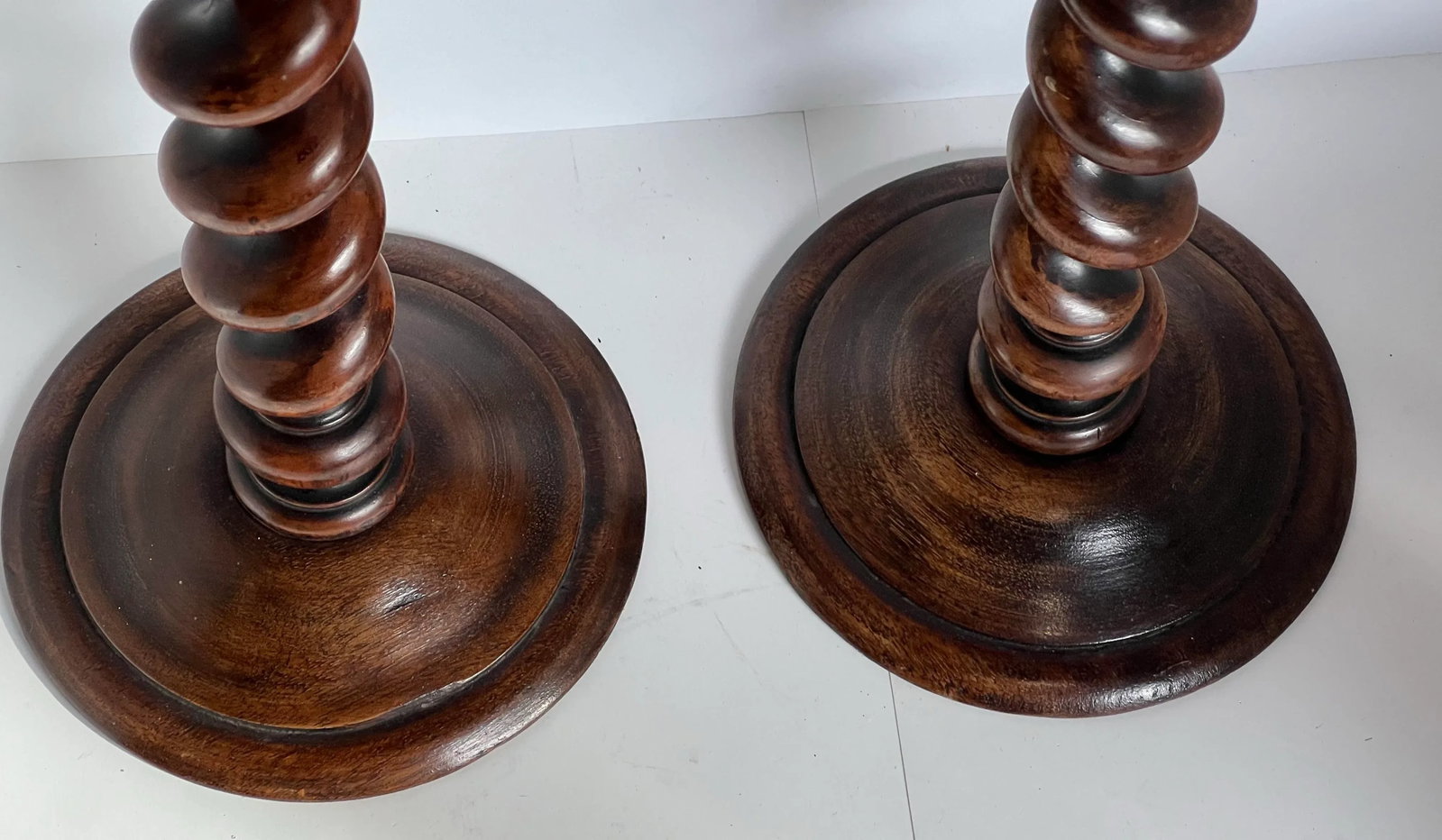 9th C. English Carved Oak Barley Twist Candlesticksw/ Brass Candle Cupsa Pair - 5