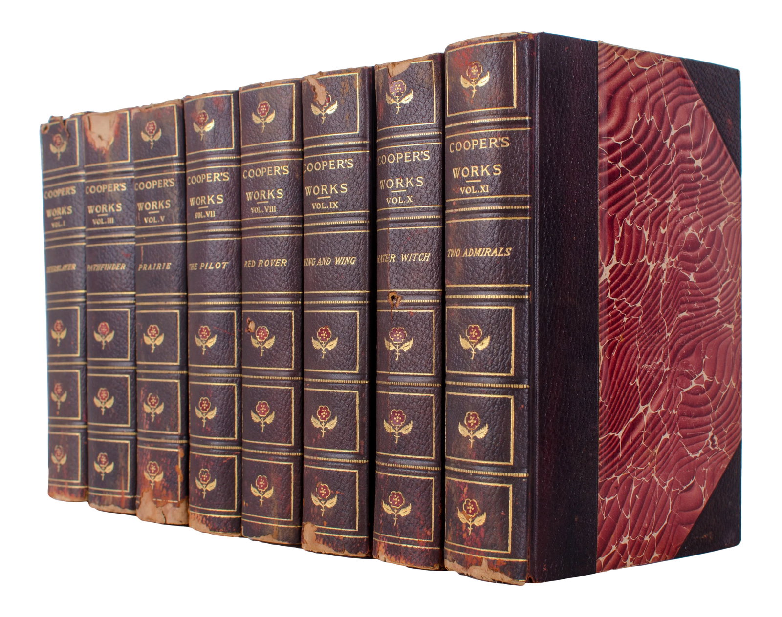 Early 19th Century Traditional James Fenimore Cooper Collection of Works - Set of 8: The Works of James Fenimore Cooper . Fred DeFau & Company, New York, c 1900. Incomplete set of 8 volumes. Good condition with damages as pictured. Condition: Alterations: Original Condition Unaltered