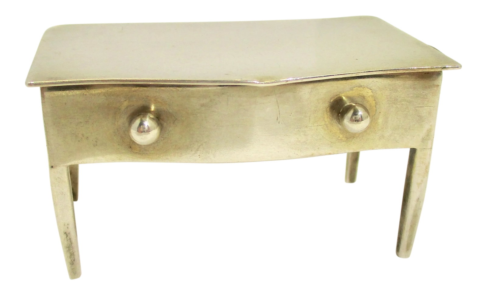 1910s Traditional Sterling Silver Small Table Form Box: German silver model of small 4 legged lift top table with gilt wash interior as stamp box. Made in the 1910s. The size is 1.25" tall and 2.25" wide by 1.5" deep. The condition is very good.