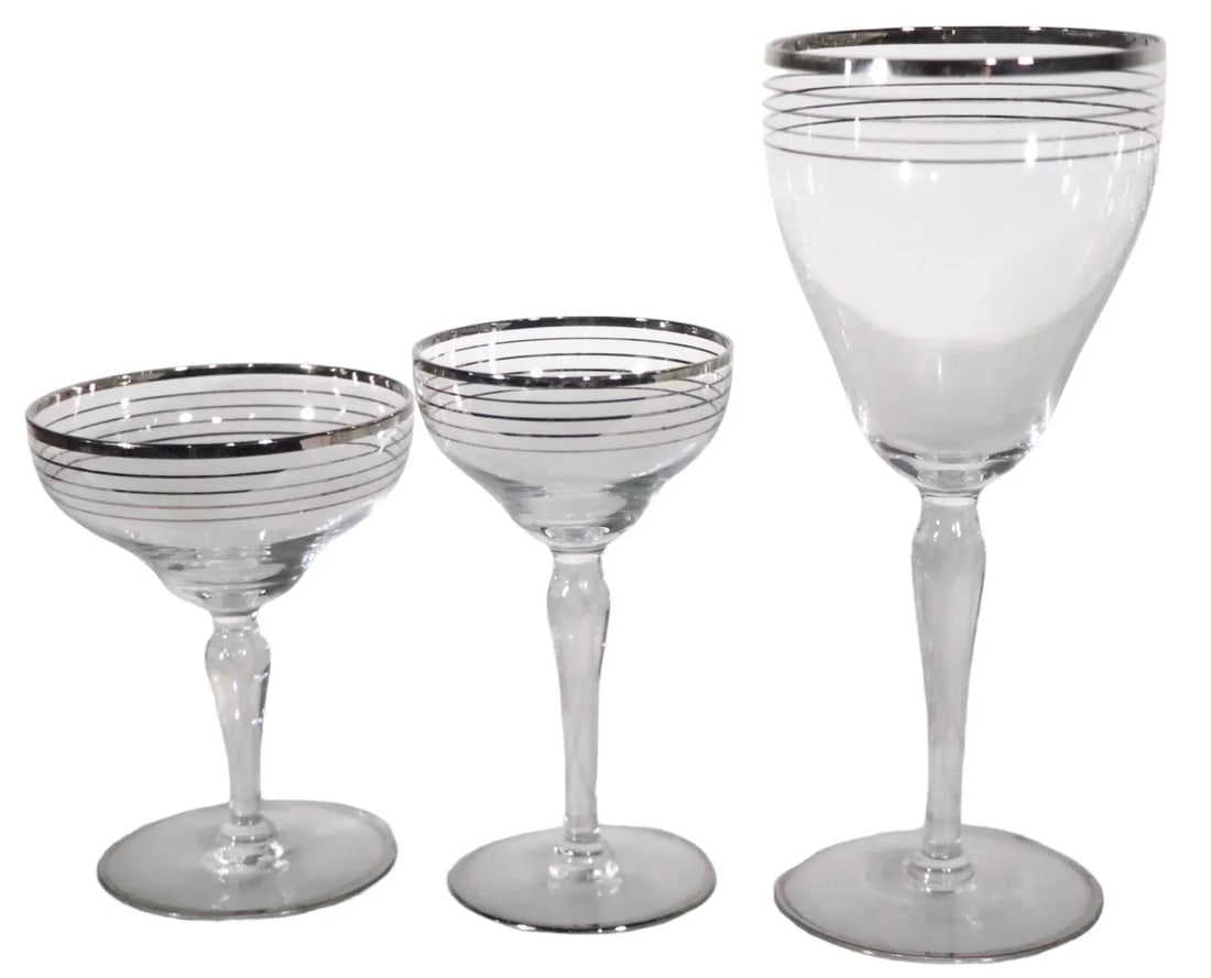 Large Set of 33 Silver Band Stemware Wine, Water, Champagne Glasses After Dorothy Thorpe C 1950's - 3