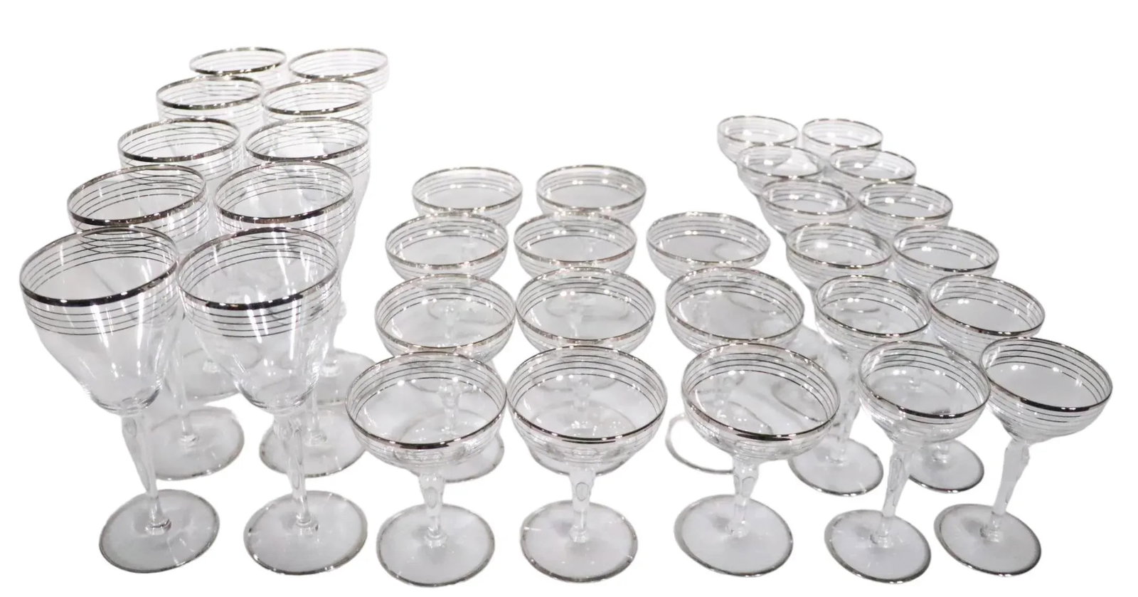Large Set of 33 Silver Band Stemware Wine, Water, Champagne Glasses After Dorothy Thorpe C 1950's - 8