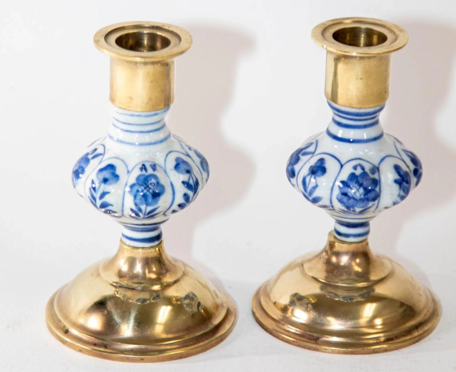 Vintage Delft Floral Blue and White Ceramic and Brass Candlesticks, a Pair 1950s - 3