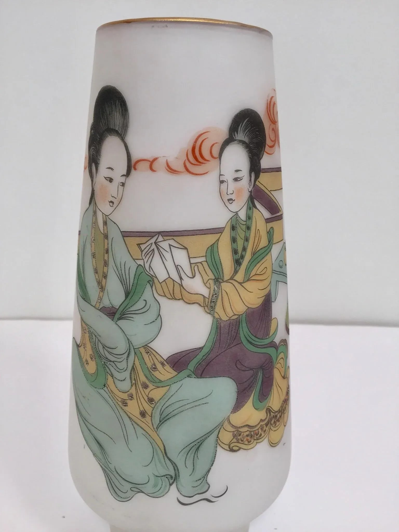 Japanese Opaline White Glass Vase Hand Painted With Geishas - 6