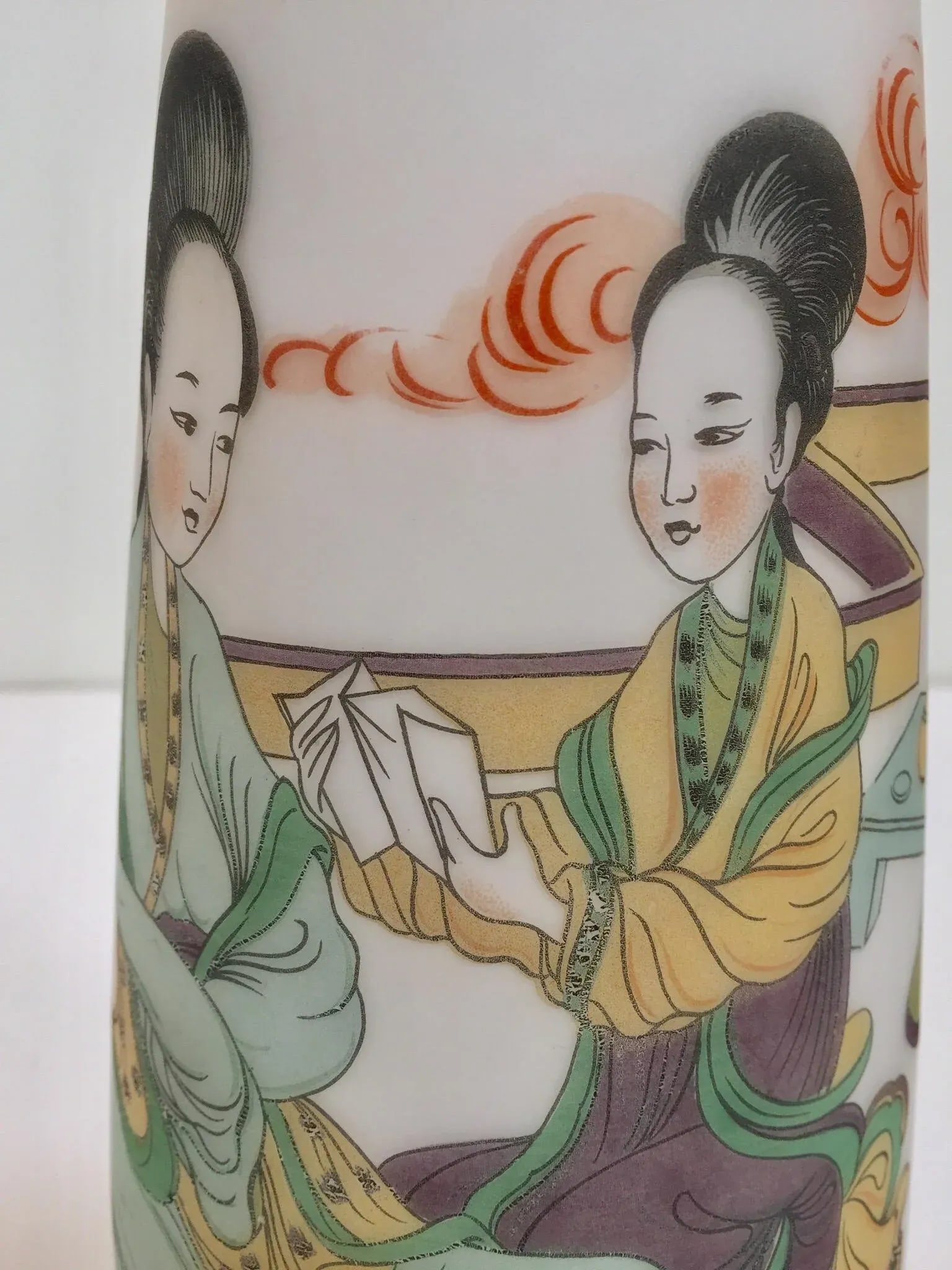 Japanese Opaline White Glass Vase Hand Painted With Geishas - 9