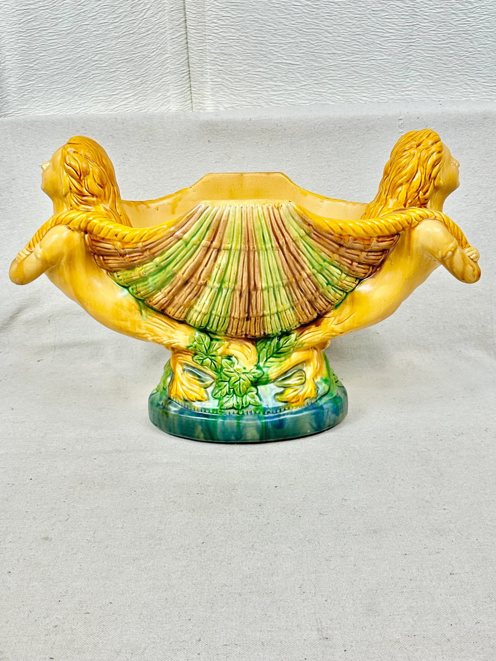 Large Vintage Majolica Style Seashell Centerpiece With Mermaids - 10