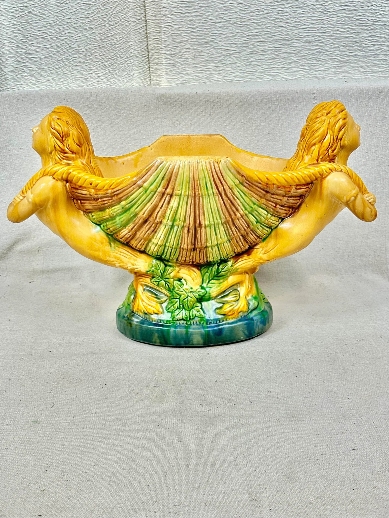 Large Vintage Majolica Style Seashell Centerpiece With Mermaids - 2