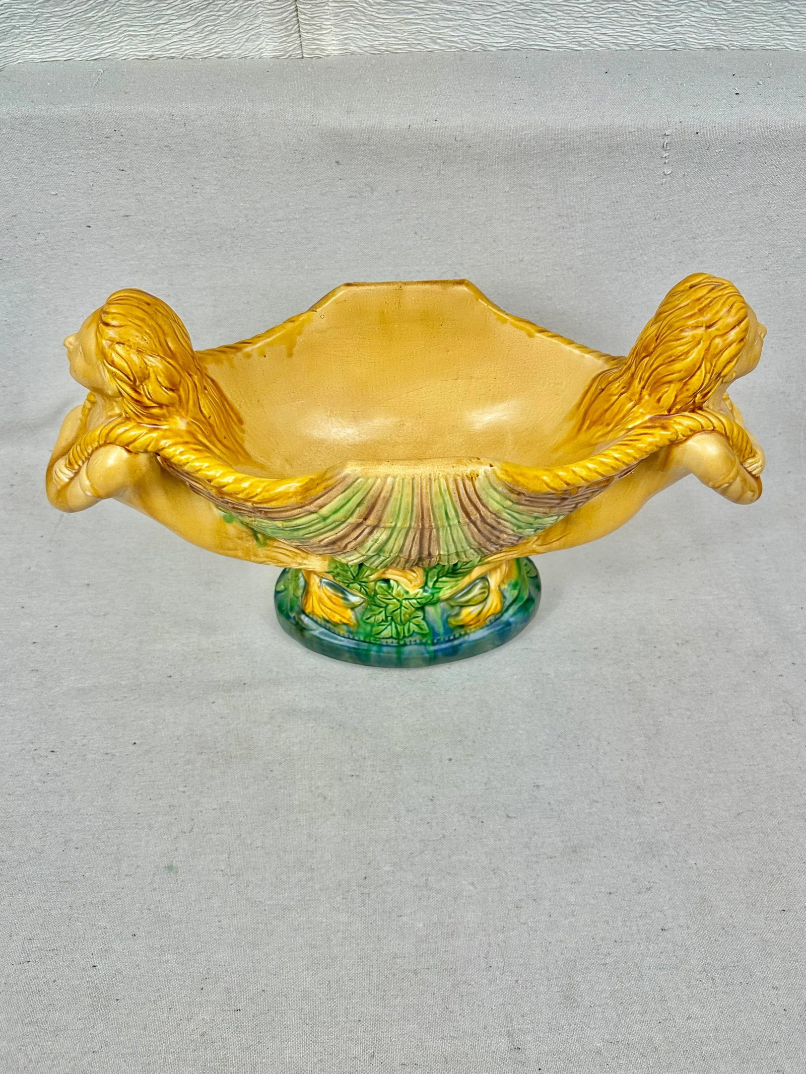Large Vintage Majolica Style Seashell Centerpiece With Mermaids - 3