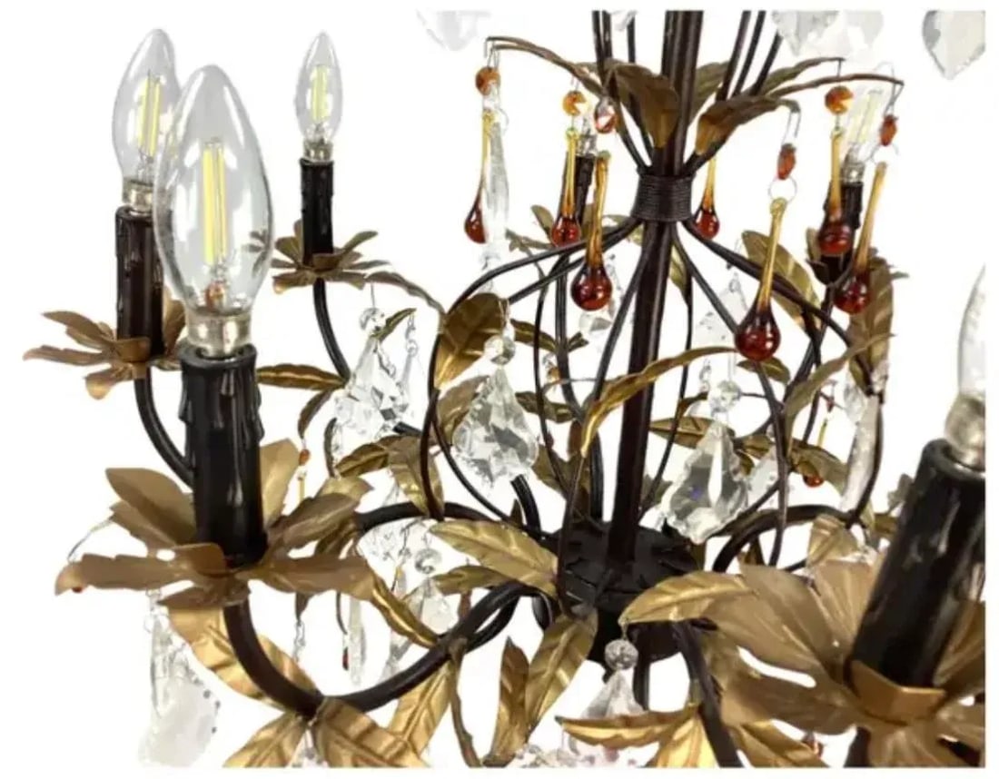 Eight Light Tole Chandelier Clear and Amber Crystal Drops - 2