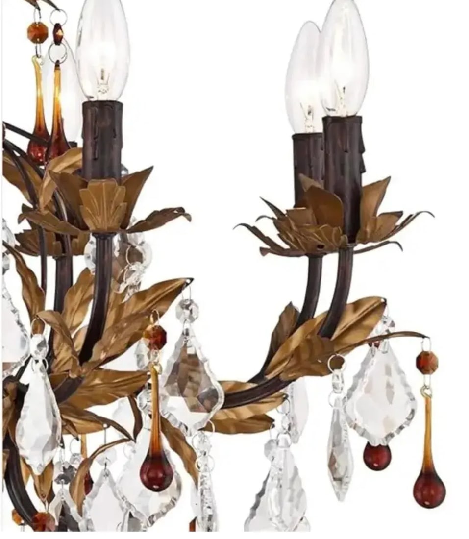 Eight Light Tole Chandelier Clear and Amber Crystal Drops - 3