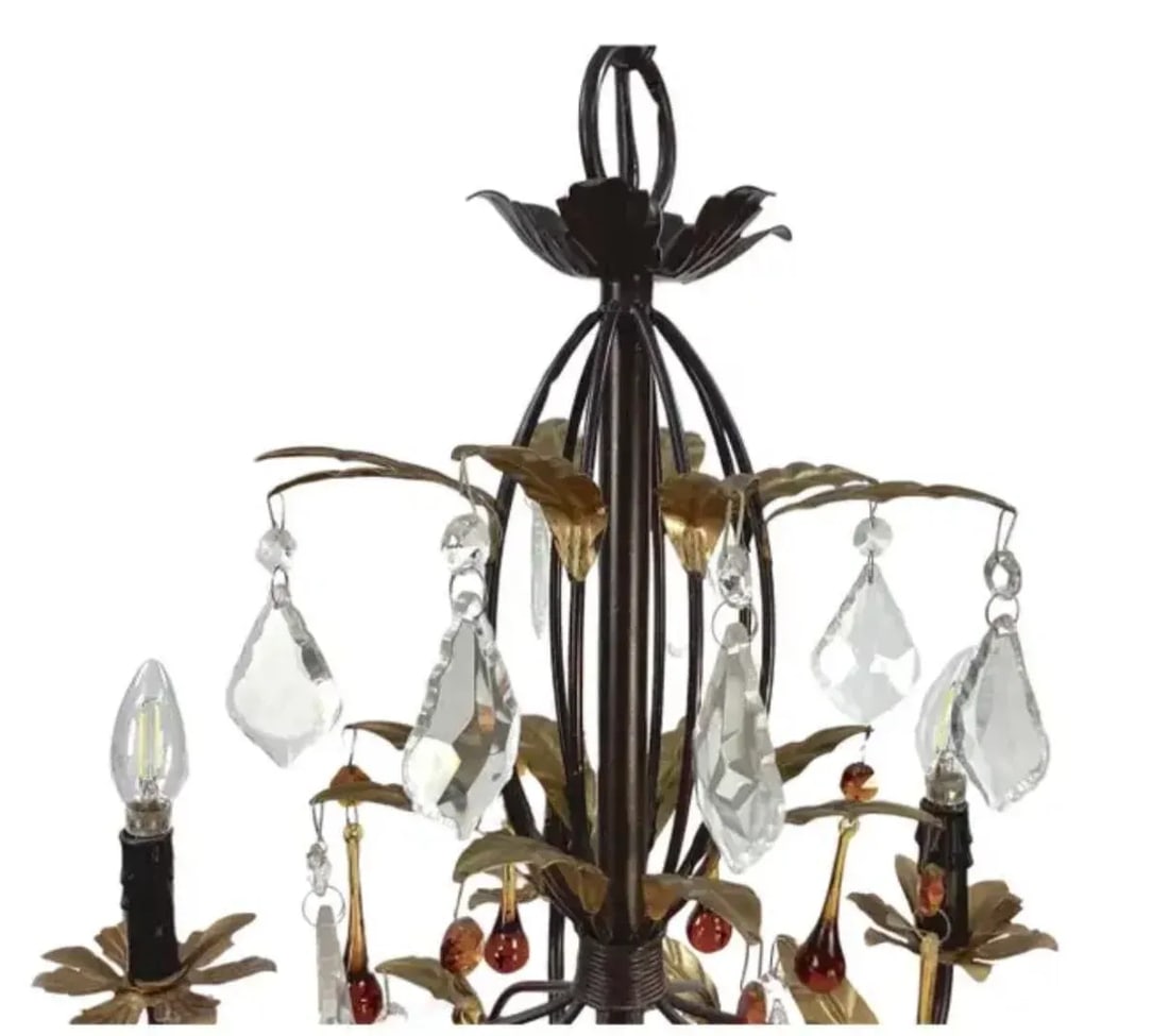Eight Light Tole Chandelier Clear and Amber Crystal Drops - 4