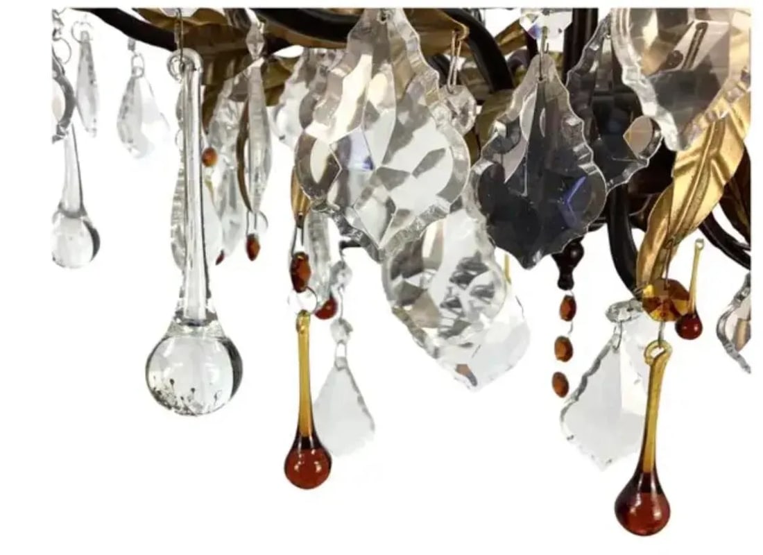 Eight Light Tole Chandelier Clear and Amber Crystal Drops - 5