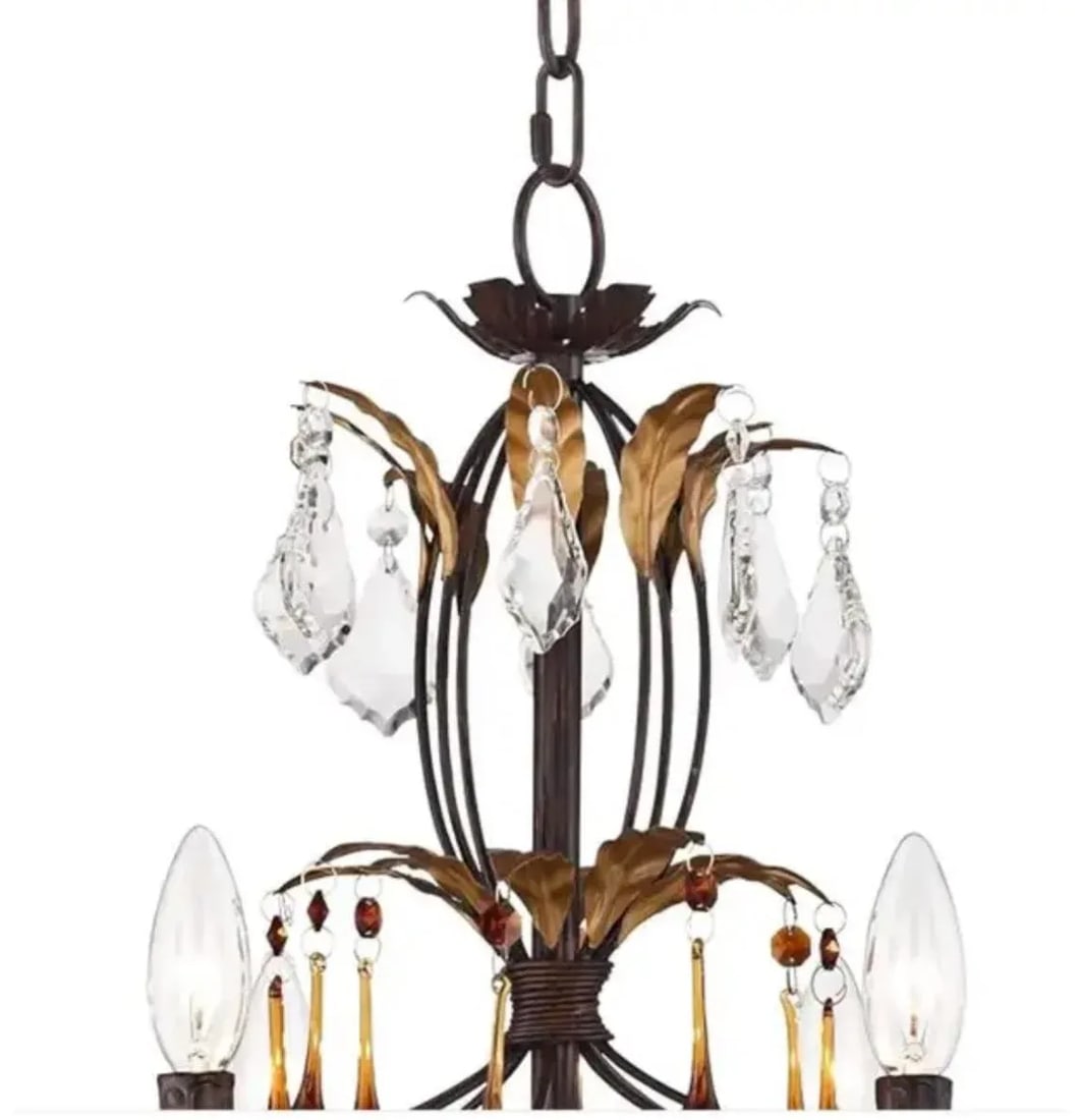 Eight Light Tole Chandelier Clear and Amber Crystal Drops - 6