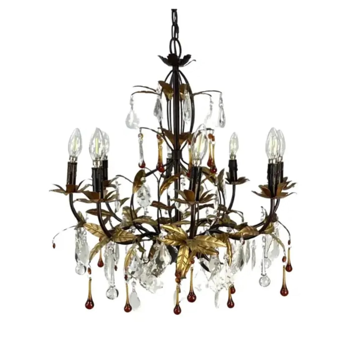 Eight Light Tole Chandelier Clear and Amber Crystal Drops - 8