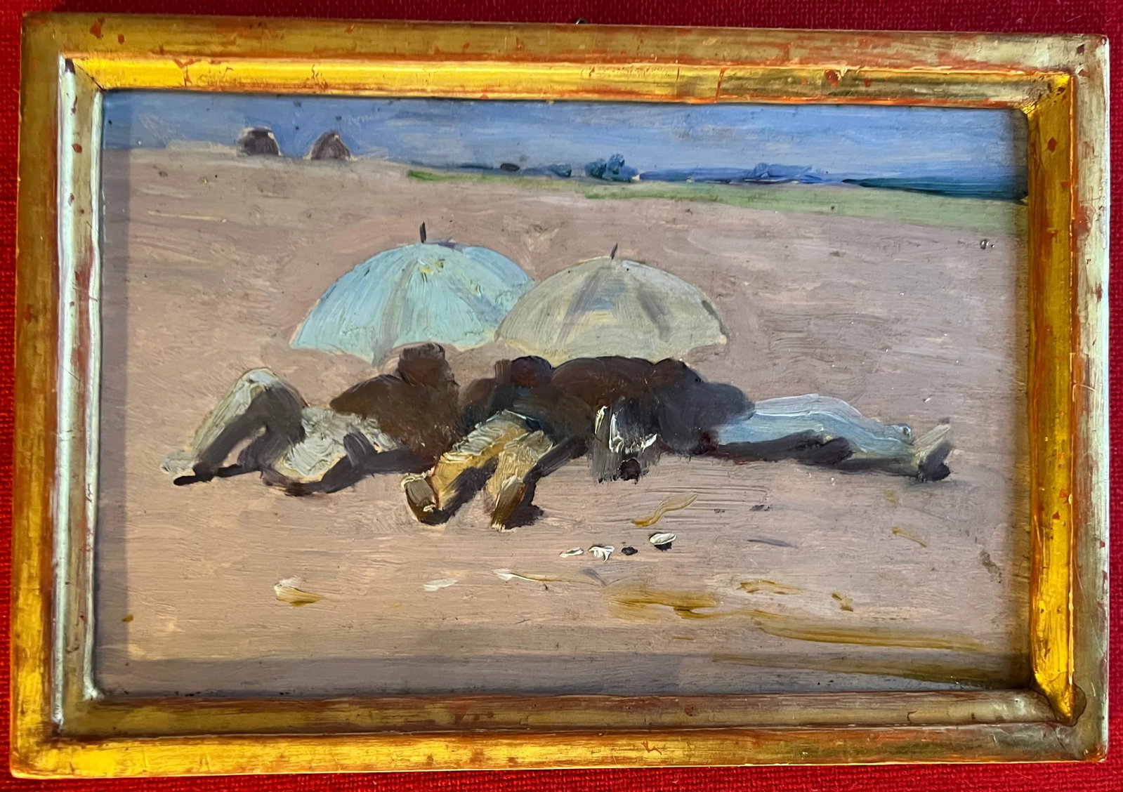 Antique Italian Impressionist Landscape Oil Paining of Resting Workers in Tuscany Circa 1900 - 7