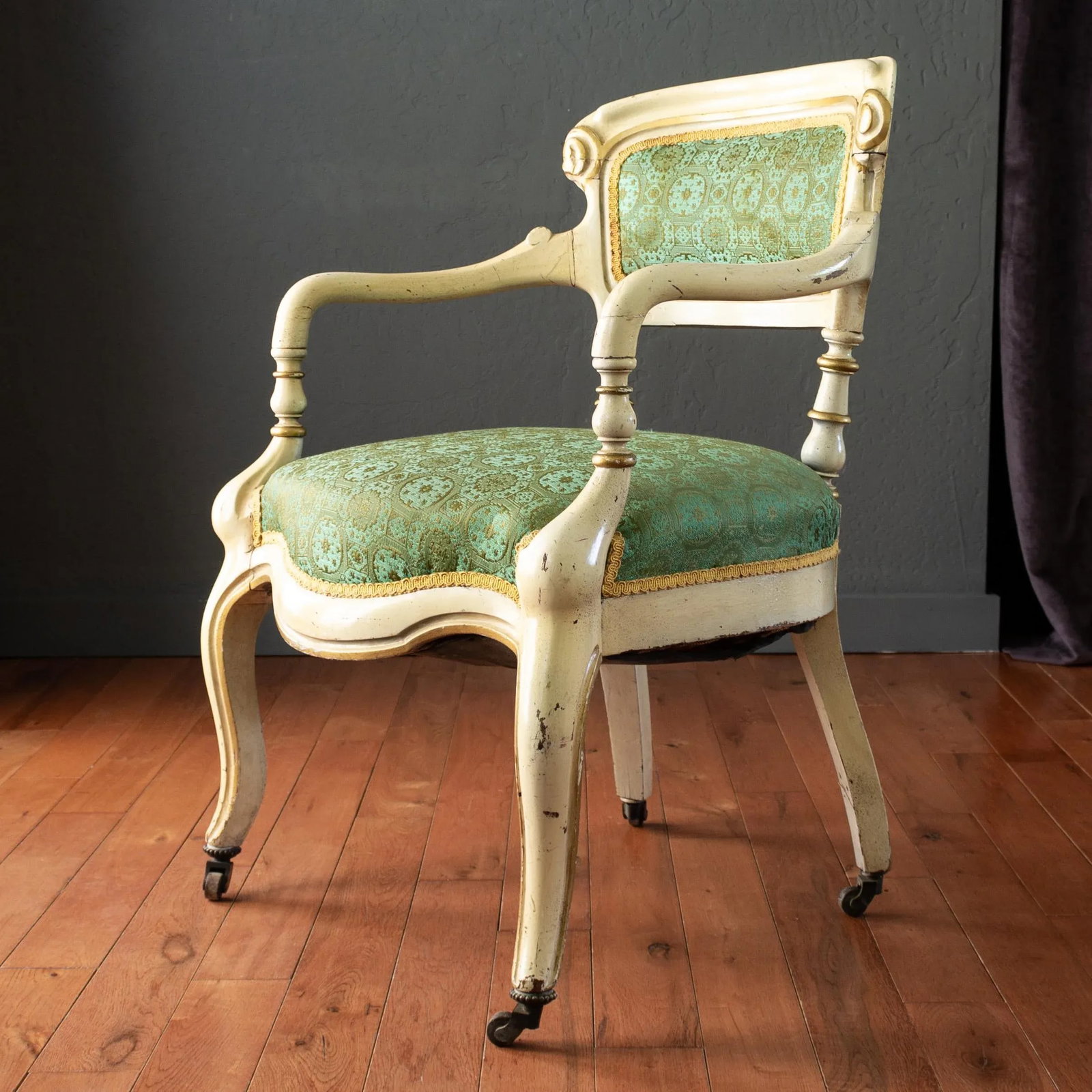19th Century Napoleon III Olive and Turquoise Fauteuil Arm Chair - 2