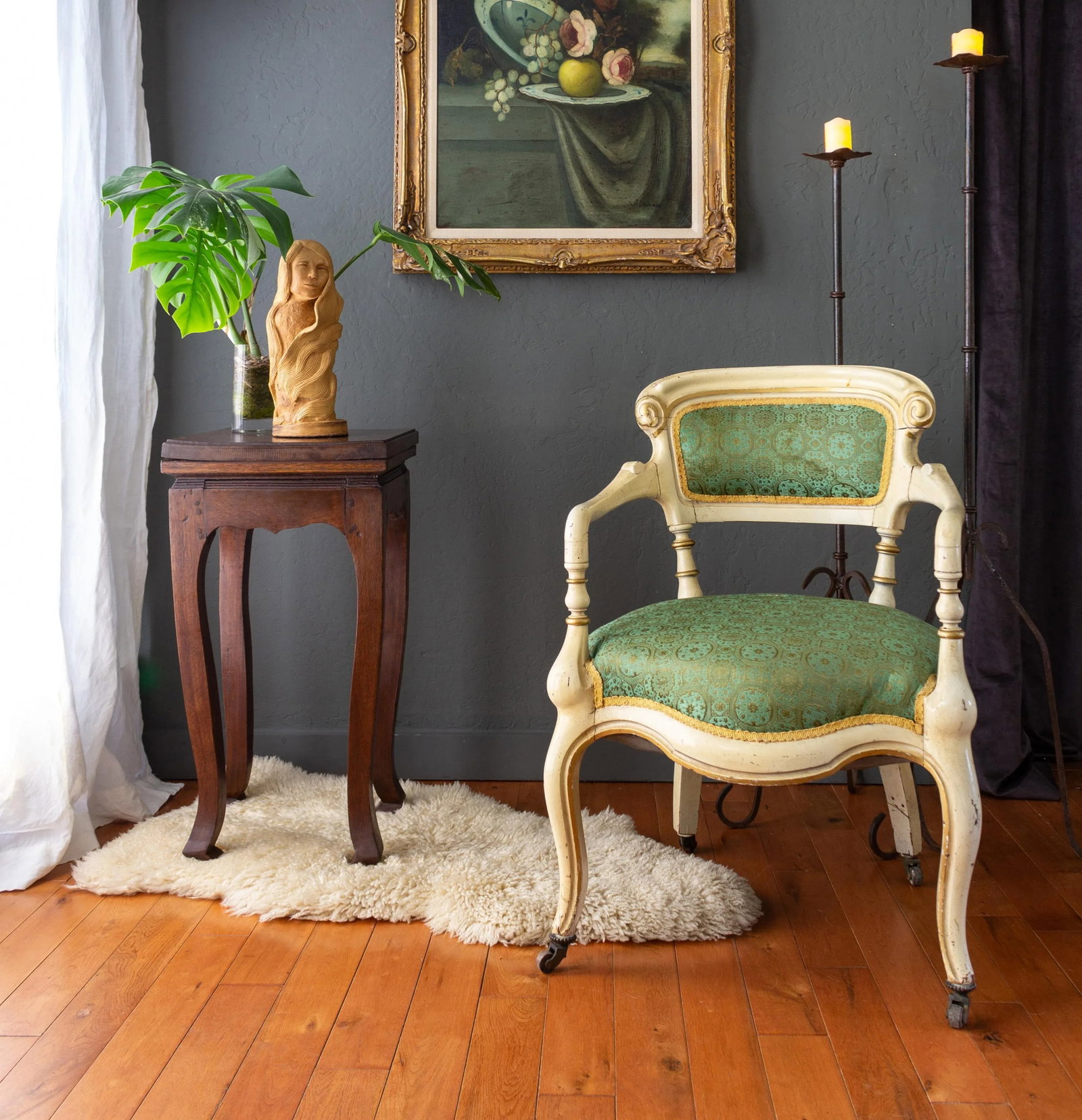 19th Century Napoleon III Olive and Turquoise Fauteuil Arm Chair - 3