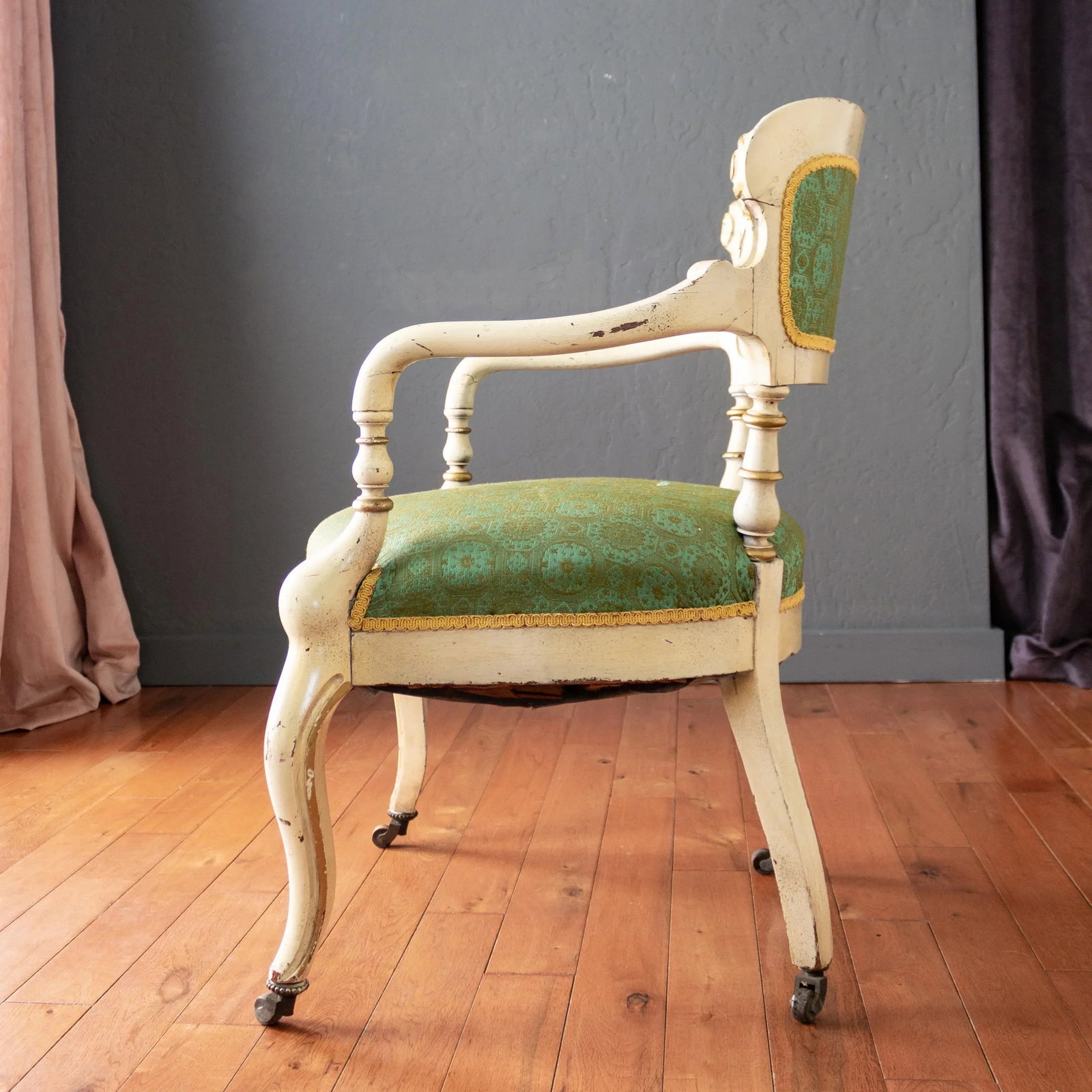 19th Century Napoleon III Olive and Turquoise Fauteuil Arm Chair - 4
